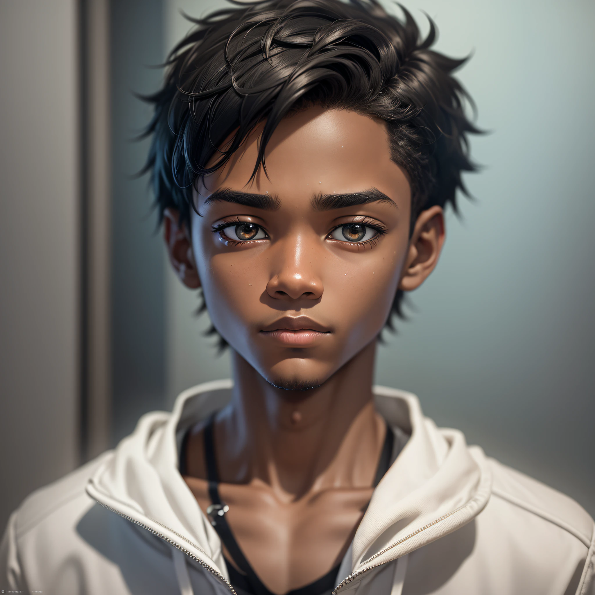 create an image (young black boy style 3D) based on a story from the book about loneliness representing solitude. The image should have a style reminiscent of a game. Imagine a scene where the main character, is a young ager with eyebrows and eyes fixed involved in an immersive, with elements that indicate that he is in a modern and interconnected world, but has chosen to isolate himself to focus on his activity. --auto --s2