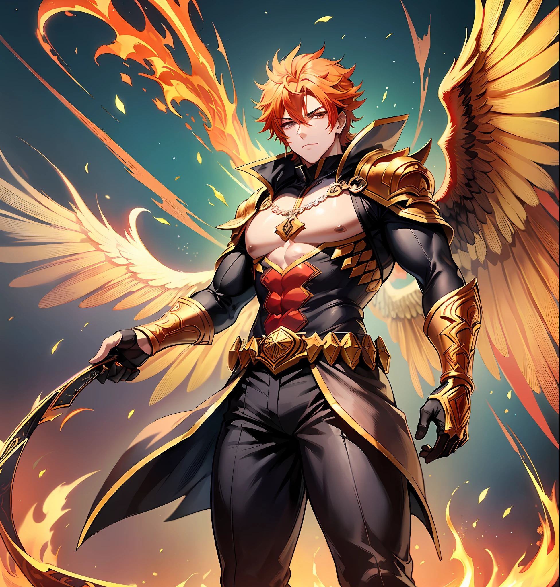 full body، دد
 of a handsome male deity with a fiery aura and blazing red hunter eyes, sporting yellow hair and majestic fiery wings that show off his attractive face and