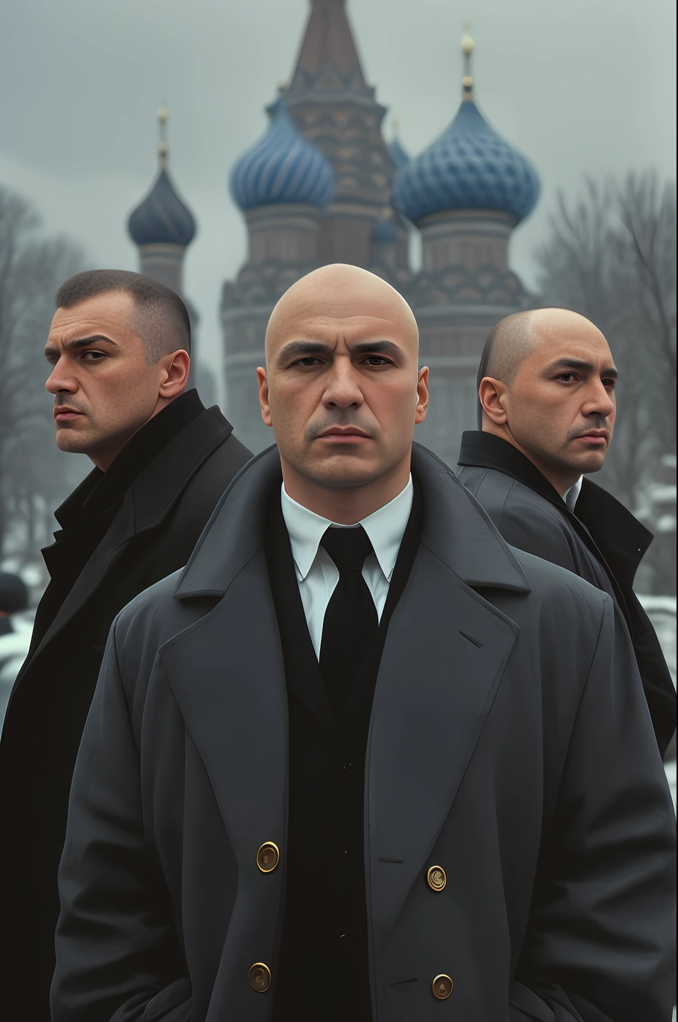 The limits of the Russian mafia in the mid-1990s, standing in front of the temple in a coat with a stern expression on his face.