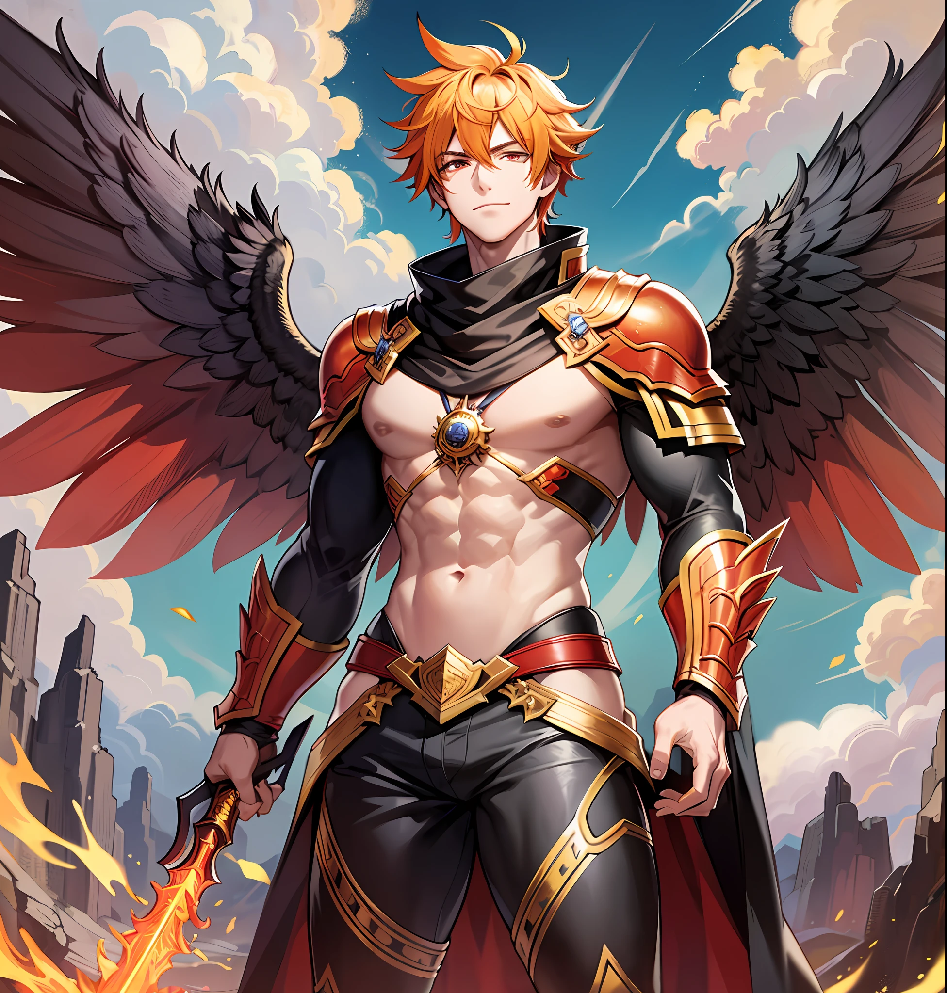 full body, handsome male deity with a fiery aura and blazing red hunter eyes, sporting yellow hair and majestic fiery wings that show off his attractive face and .