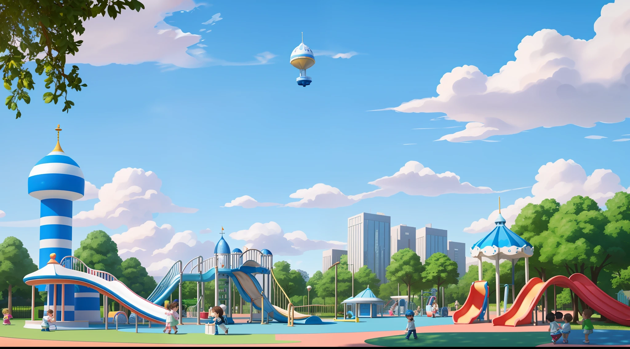 Blue sky and white clouds in the background, Pixar style, 3D, super high quality, high-rise buildings in the distance, children's park, play facilities, carousels, slides, cartoons cute, a lot of details, a sense of space before and after, the picture should have impact
