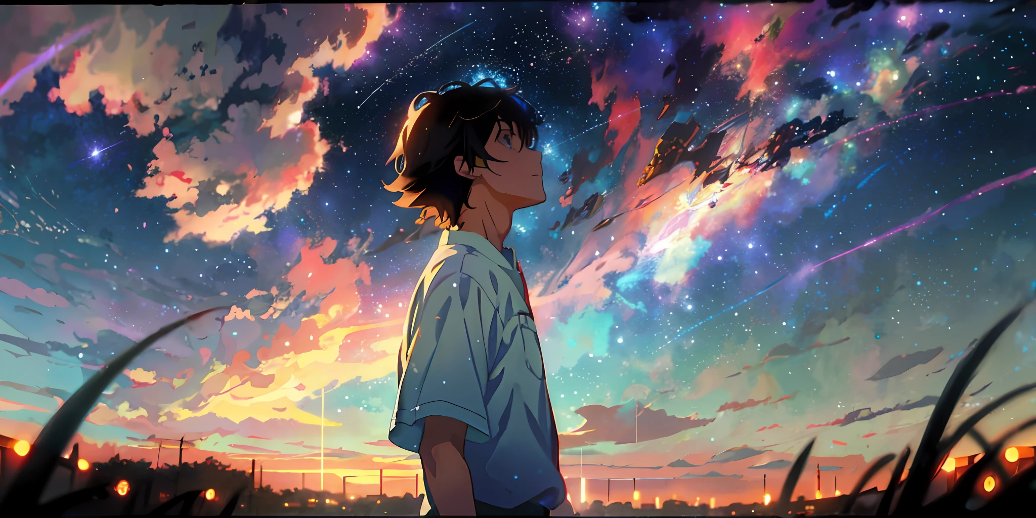 anime boy looking at the stars in the sky, makoto shinkai cyril rolando, your name movie style, your name, cosmic skies. by makoto shinkai, anime wallpaper 4 k, anime wallpaper 4k, anime art wallpaper 8 k, anime art wallpaper 4 k, anime art wallpaper 4k, makoto shinkai!, 4k anime wallpaper