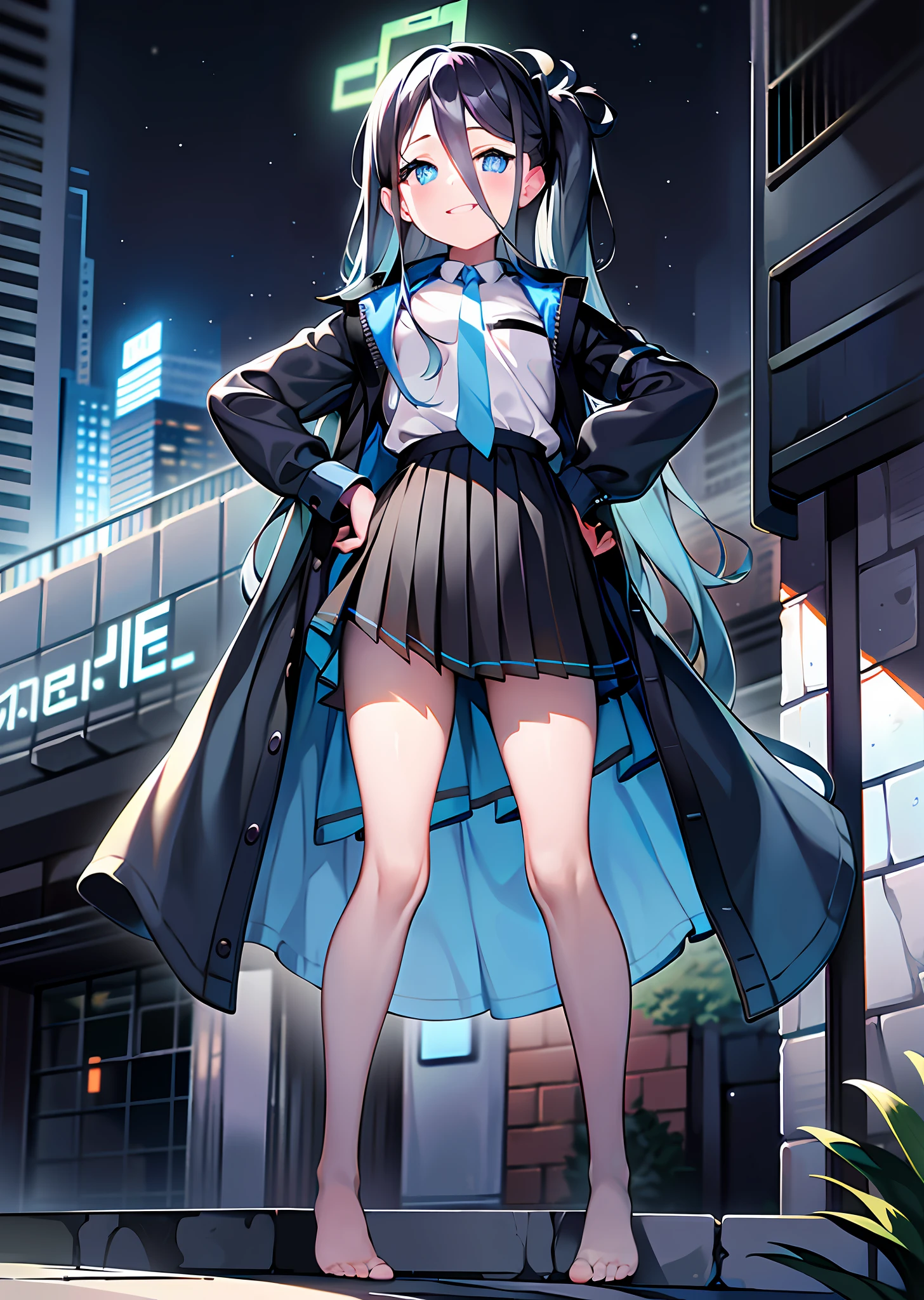 (pureerosface_v1:0.66), best quality, ultra high resolution, (photorealistic: 1.4), 1 girl, fine eyes, dark eye makeup, slim waist, blush, k-pop idol, (charm: 1.0), fine eye makeup, puffy eyes, solo, perfect anatomy, (big), (slender), (black hair: 1), (look at the viewer), (original_ alice), (light blue tie), (marine blue eyes), (zhuo),(alice_halo:0.7),(blue halo),(smile),(happiness),(pigtails),(long hair),(long bangs),(blue archive),(black hair band),(long coat),(school uniform),(white long-sleeved shirt),(pleated skirt),(navy blue skirt),(bare feet),nsfw, Depth of field, facial details, skin luster, beautiful eyes, dark eye makeup, slim waist, blush, fine eye makeup, solo, perfect anatomy. (((night view))). (((put your hands on your hips))). Make a fist. Face forward, look at the front, look at the camera.