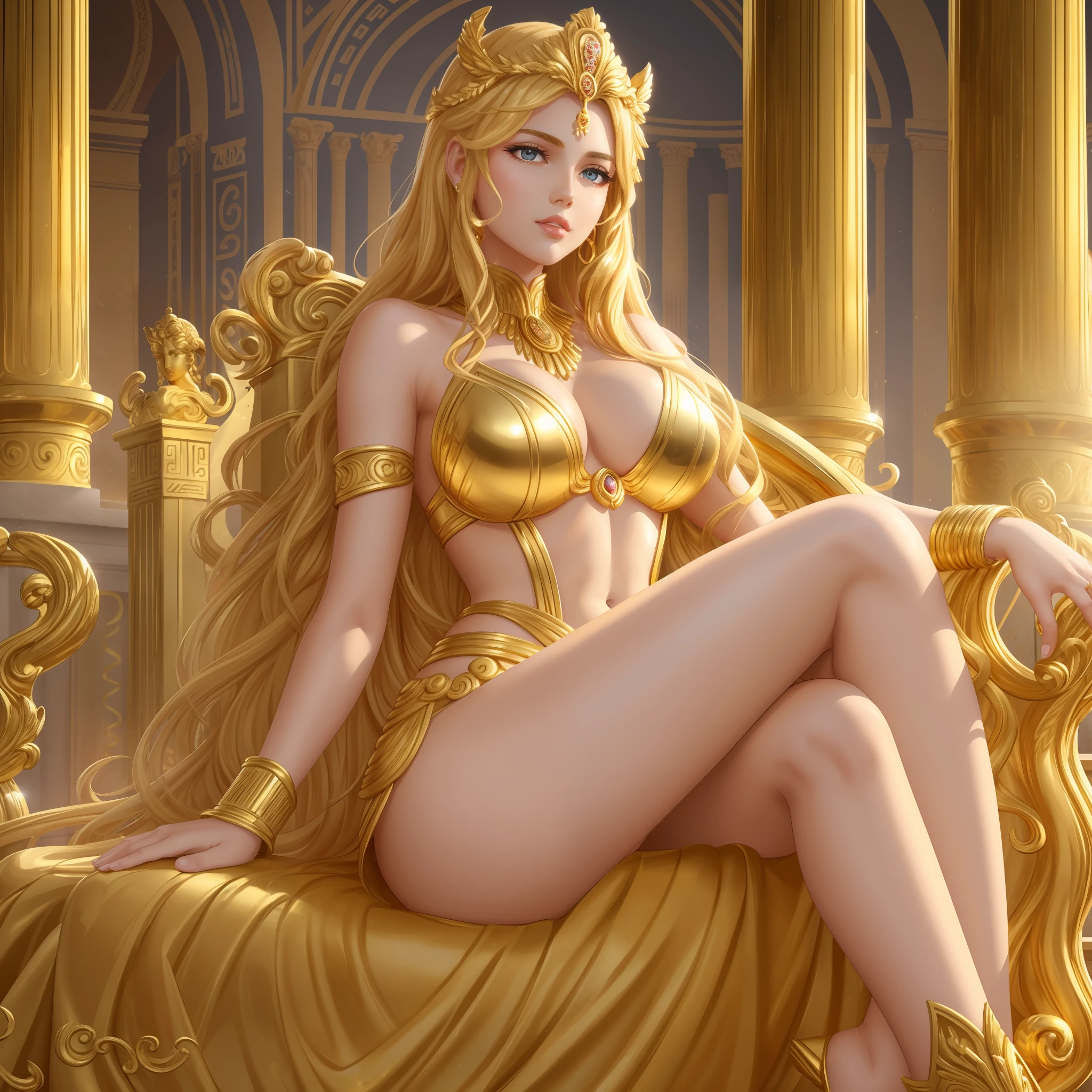 golden goddess, goddess of gold, Olympian goddess, greek goddess immortal, powerful rich girl, billionaire, Midas touch, golden blonde hair, brown eyes, marble greek temple, beautiful, 25 years old, golden throne, bigger breasts, glossy lips, shiny lips, lipstick, hot body --auto --s2