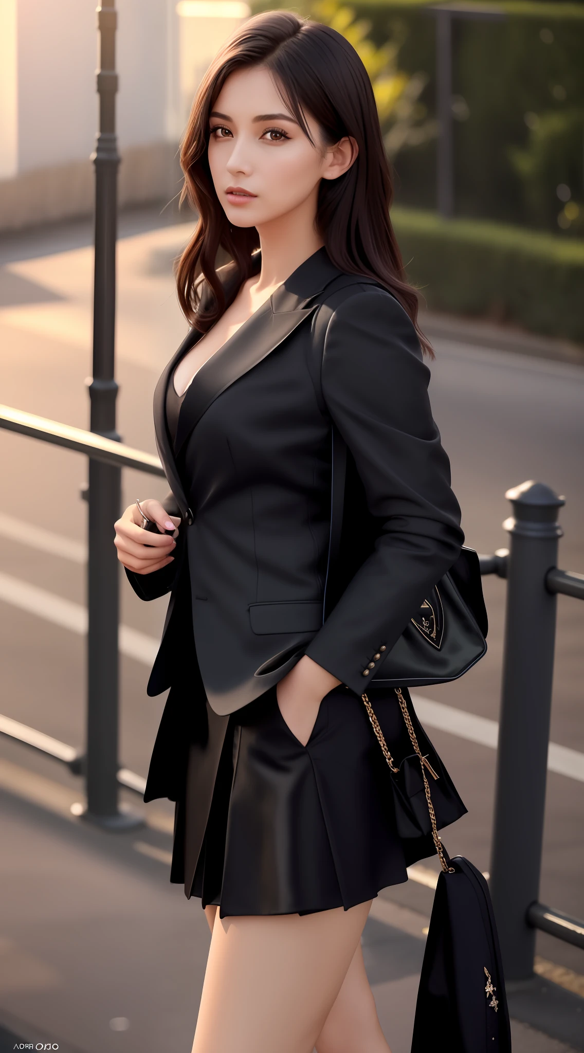 araffe woman in a black jacket and skirt posing for a picture, wearing black business suit, woman in black business suit, girl in a suit, girl in suit, wearing a black suit, wearing black suit, wearing a black noble suit, wearing an elegant outfit, elegant girl in urban outfit, black luxurious suit, wearing a fancy black jacket, wearing business suit