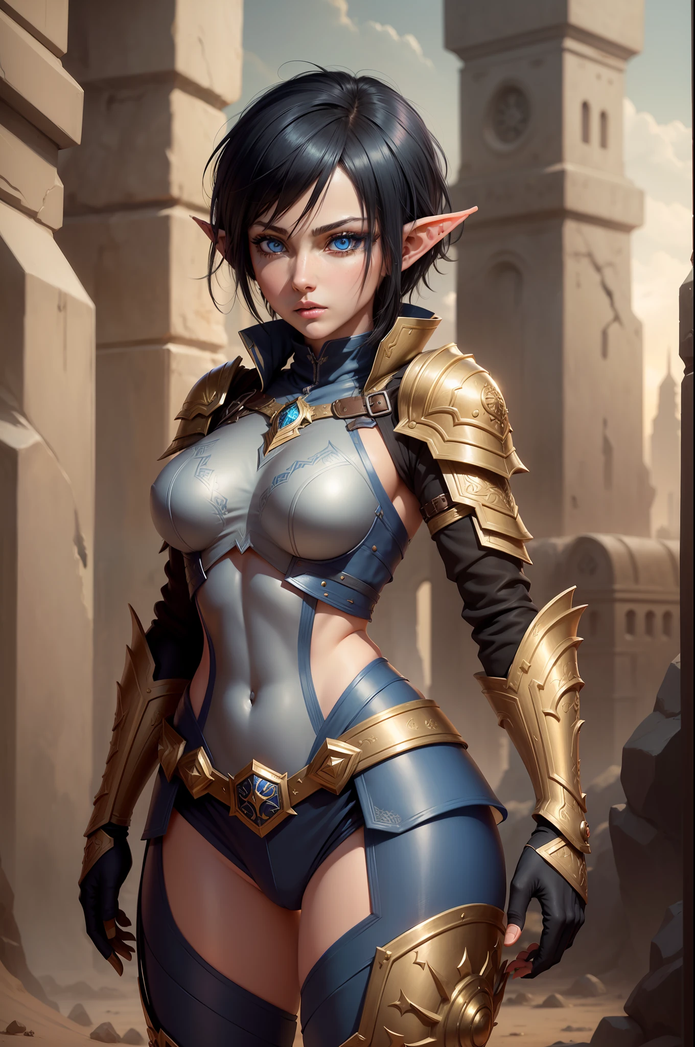 Female elf, big blue eyes, short punk black hair, gray elven armor with golden details,, full body, improved face, Ultra quality, shape textures, natural clothing materials, symmetrical eyes, embossed skin, maximum samples, anime style, desert background with a distant sand city