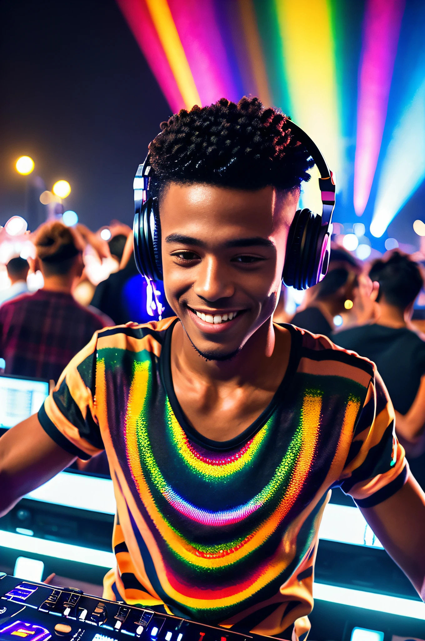 a dj plays on the dj's desk, headphones on his head, RAW, photography, (masterpiece) a full-body portrait of a Brazilian boy, mulatto, 27 years old, listening to music, (((dancing))), smiling, happy face, detailed facial features, realistic eyes, vibrating with music, ((colorful psychedelic pattern clothing)), slim body, nice abs, tanned skin, abstract touches,  in the festival background music with people dancing, warm colors, colored lights, lens brightness, light leaks, ((photorealistic)), ((hyperrealistic)), (skin pores), highly detailed, sharp focus, 8K, ultra quality, UHD, crystalline, (((incredibly beautiful)), extremely detailed, highly detailed skin, cinematic lighting, wide angle, amazing fine details, Kodak, Canon 5d, rich colors, realistic texture, dramatic lighting,  dynamic composition.