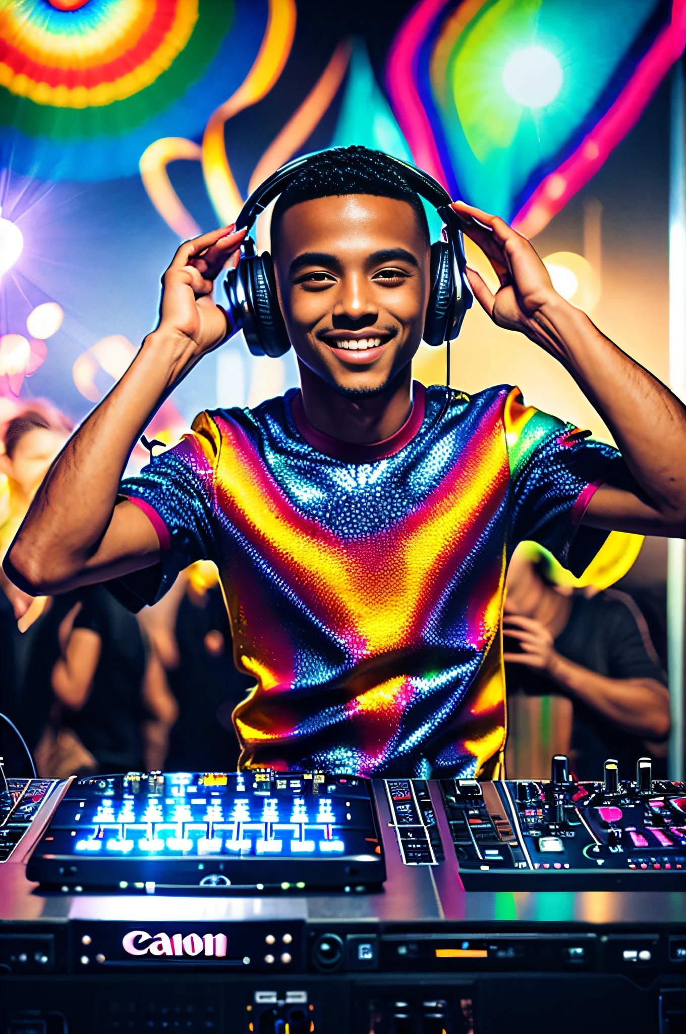 a dj plays on the dj's desk, headphones on his head, RAW, photography, (masterpiece) a full-body portrait of a Brazilian boy, mulatto, 27 years old, listening to music, (((dancing))), smiling, happy face, detailed facial features, realistic eyes, vibrating with music, ((colorful psychedelic pattern clothing)), slim body, nice abs, tanned skin, abstract touches,  in the festival background music with people dancing, warm colors, colored lights, lens brightness, light leaks, ((photorealistic)), ((hyperrealistic)), (skin pores), highly detailed, sharp focus, 8K, ultra quality, UHD, crystalline, (((incredibly beautiful)), extremely detailed, highly detailed skin, cinematic lighting, wide angle, amazing fine details, Kodak, Canon 5d, rich colors, realistic texture, dramatic lighting,  dynamic composition.