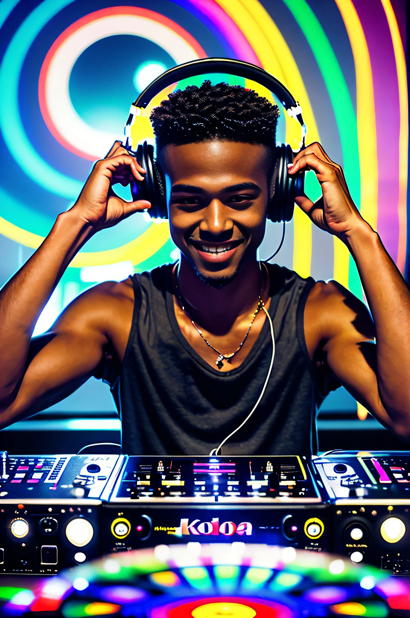 a dj plays on the dj's desk, headphones on his head, RAW, photography, (masterpiece) a full-body portrait of a Brazilian boy, mulatto, 27 years old, listening to music, (((dancing))), smiling, happy face, detailed facial features, realistic eyes, vibrating with music, ((colorful psychedelic pattern clothing)), slim body, nice abs, tanned skin, abstract touches,  in the festival background music with people dancing, warm colors, colored lights, lens brightness, light leaks, ((photorealistic)), ((hyperrealistic)), (skin pores), highly detailed, sharp focus, 8K, ultra quality, UHD, crystalline, (((incredibly beautiful)), extremely detailed, highly detailed skin, cinematic lighting, wide angle, amazing fine details, Kodak, Canon 5d, rich colors, realistic texture, dramatic lighting,  dynamic composition.