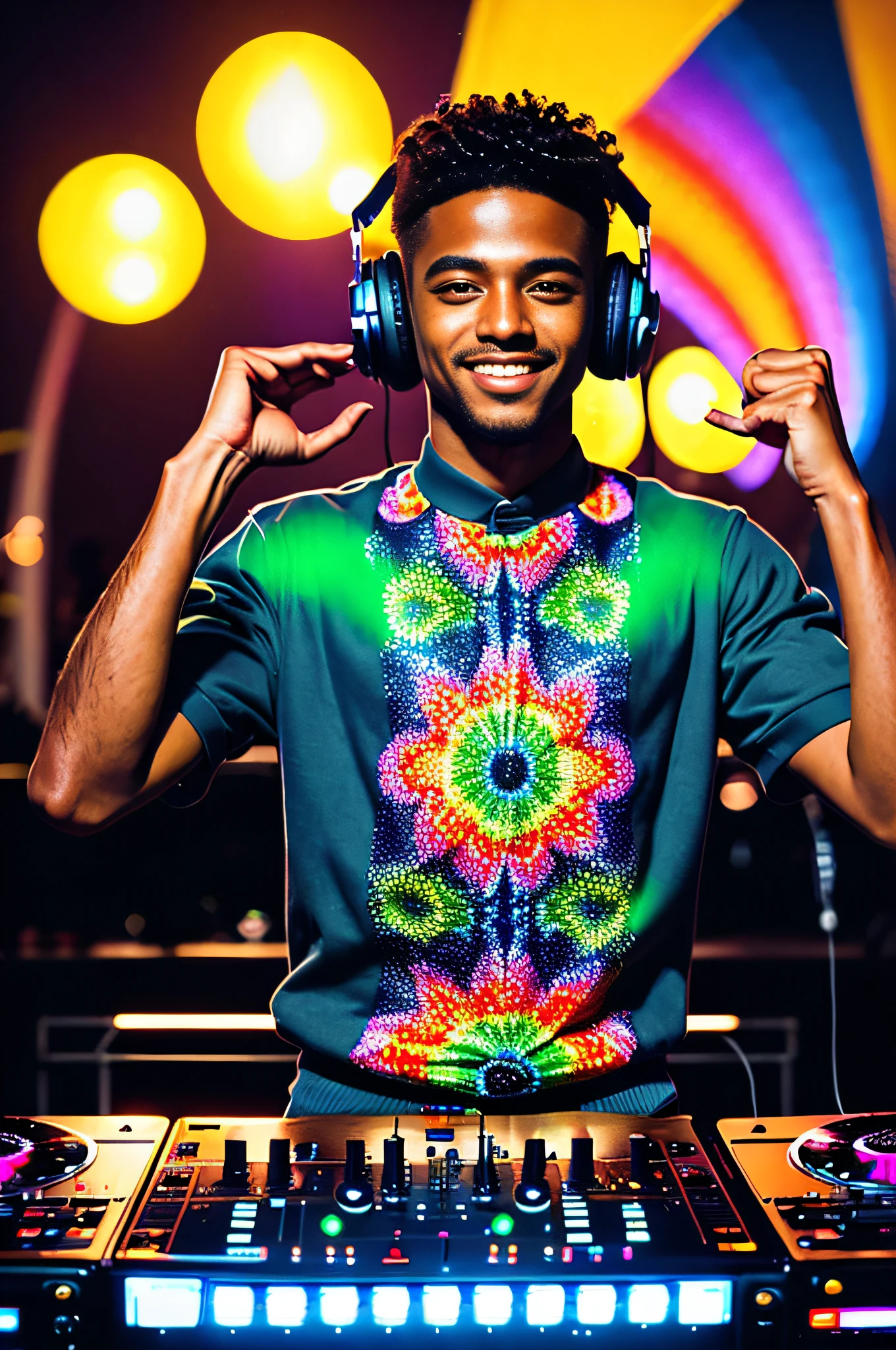 a dj plays on the dj's desk, headphones on his head, RAW, photography, (masterpiece) a full-body portrait of a Brazilian boy, mulatto, 27 years old, listening to music, (((dancing))), smiling, happy face, detailed facial features, realistic eyes, vibrating with music, ((colorful psychedelic pattern clothing)), slim body, nice abs, tanned skin, abstract touches,  in the festival background music with people dancing, warm colors, colored lights, lens brightness, light leaks, ((photorealistic)), ((hyperrealistic)), (skin pores), highly detailed, sharp focus, 8K, ultra quality, UHD, crystalline, (((incredibly beautiful)), extremely detailed, highly detailed skin, cinematic lighting, wide angle, amazing fine details, Kodak, Canon 5d, rich colors, realistic texture, dramatic lighting,  dynamic composition.