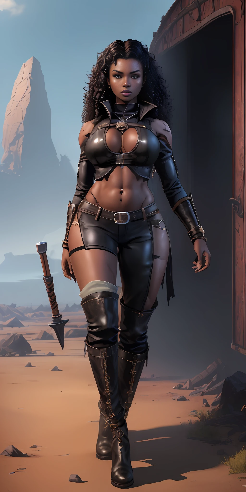 ((An attractive woman with black skin with curly hair, slim body)), ((witch rpg, showing belly, ??????, ?????????????)), leather boots, rpg style, full body, standing in natural pose, transparent clothes, scenery of an abandoned and dark spaceship, GameStation style:1, ultra detailed, artstation, 4k resolution