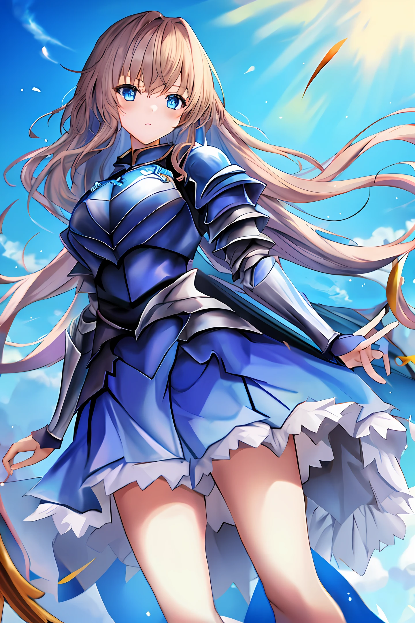 Girl, anime, blue dress, simple armor on top