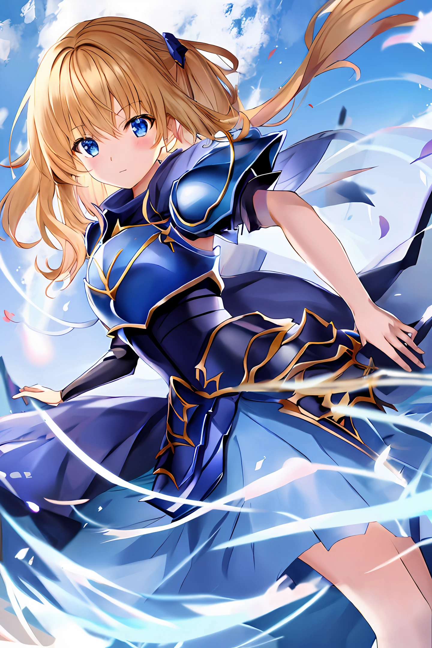 Girl, anime, blue dress, simple armor on top
