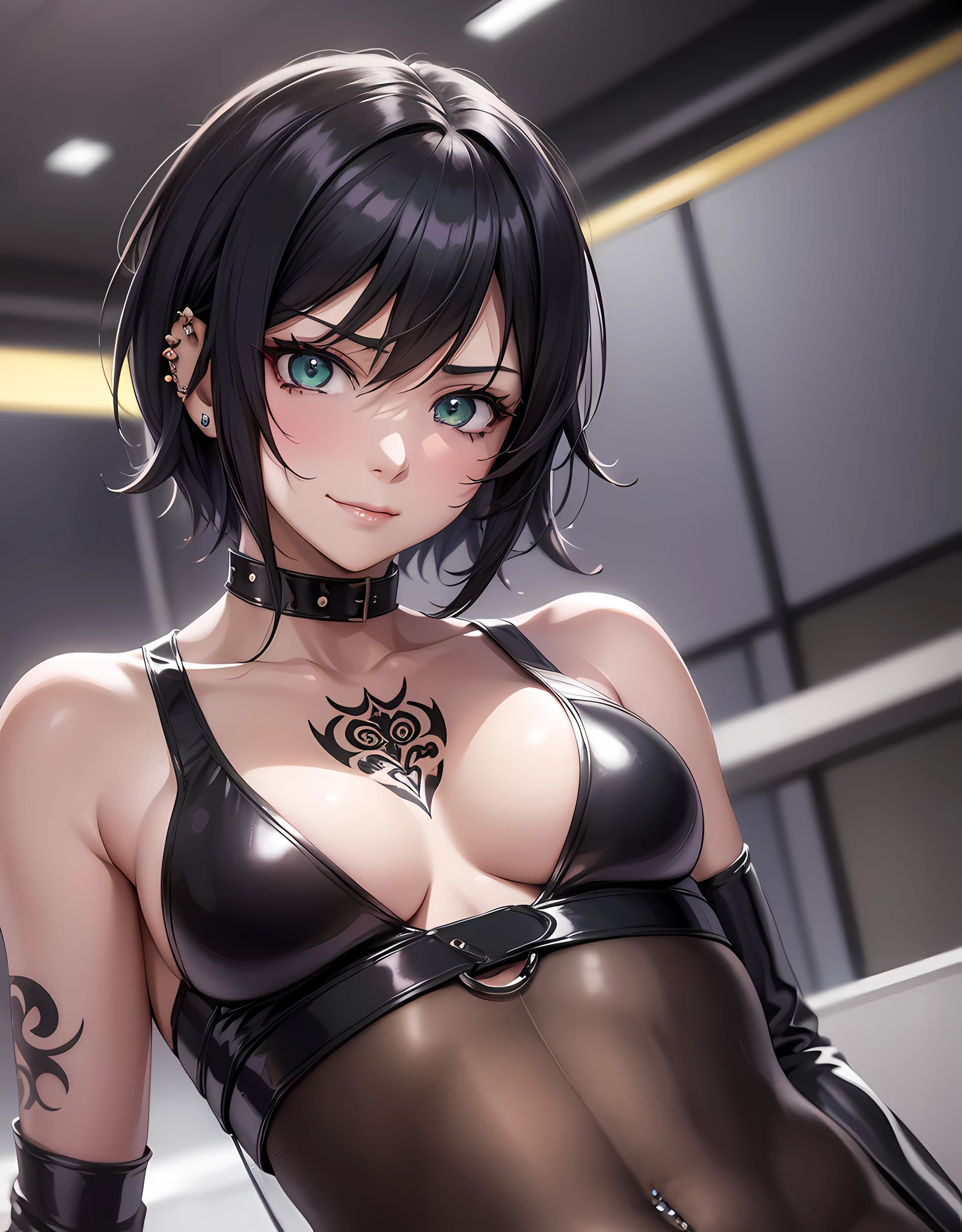 anime, a young women with black hair and green eyes, today's featured anime still, anime women, anime beautiful women, shuushuu anime image, female anime character, handsome anime pose, anime visual of a cute girl, in the anime film, short hair, bondage, bdsm, sadomaso, sexy, (partial nude), angry looking face, smirk on face, tattoos, piercing