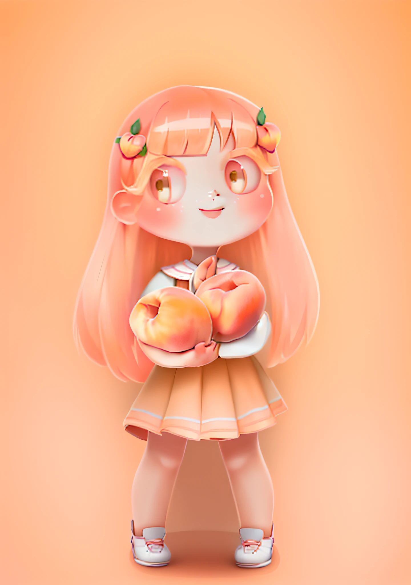 cartoon girl with peaches in her hands, peach and goma style, a human-like juicy peach, glowing peach face, she is eating a peach, in shades of peach, she is easting a peach, flat anime style shading, full body portrait of a short!, loli in dress, cute kawaii girl, loli, portrait of cute anime girl