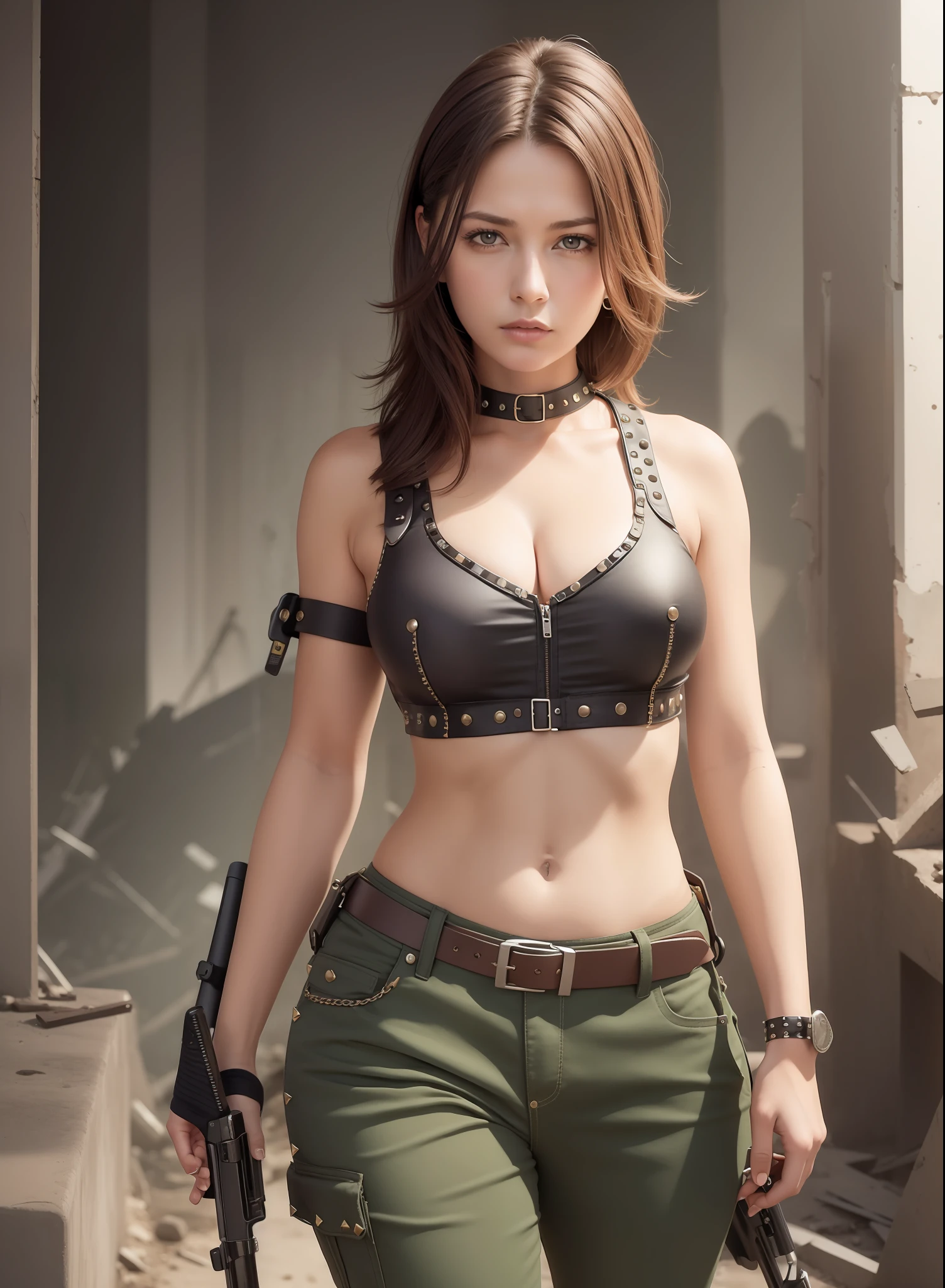 Medium-chested woman, trousers, rivets, holsters, large gun, in ruins