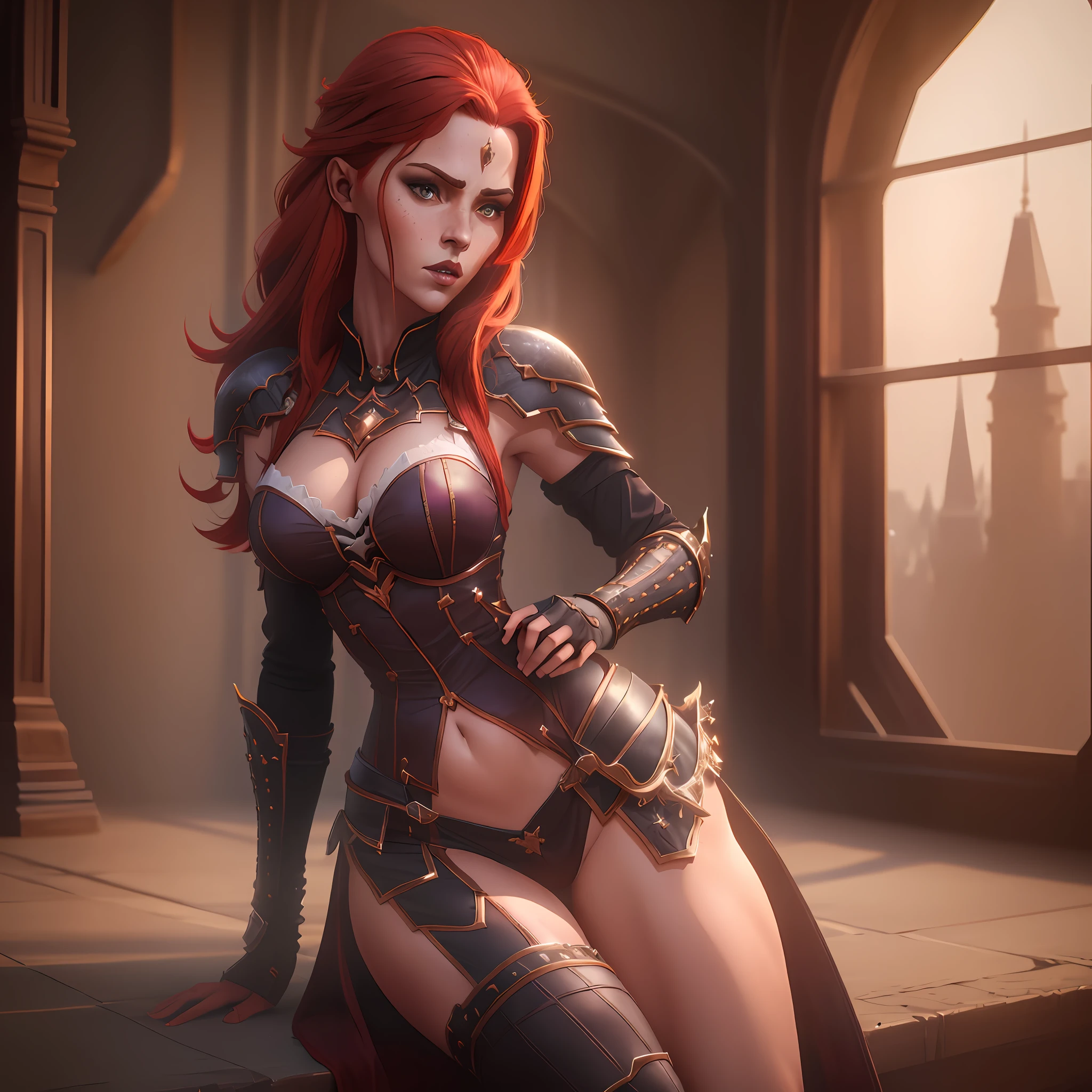 Tall Beautiful Woman ((Sexy)) ((Redhead)) (Armor) ((Sensual)) ((Sexy Pose)) Sample Breasts (((Thick Thighs)) (Sword) ((Diaba)) Tower((Gothic)) ((Well Detailed)) (((High Resolution)) ((High Quantity Image)) (Full HD)