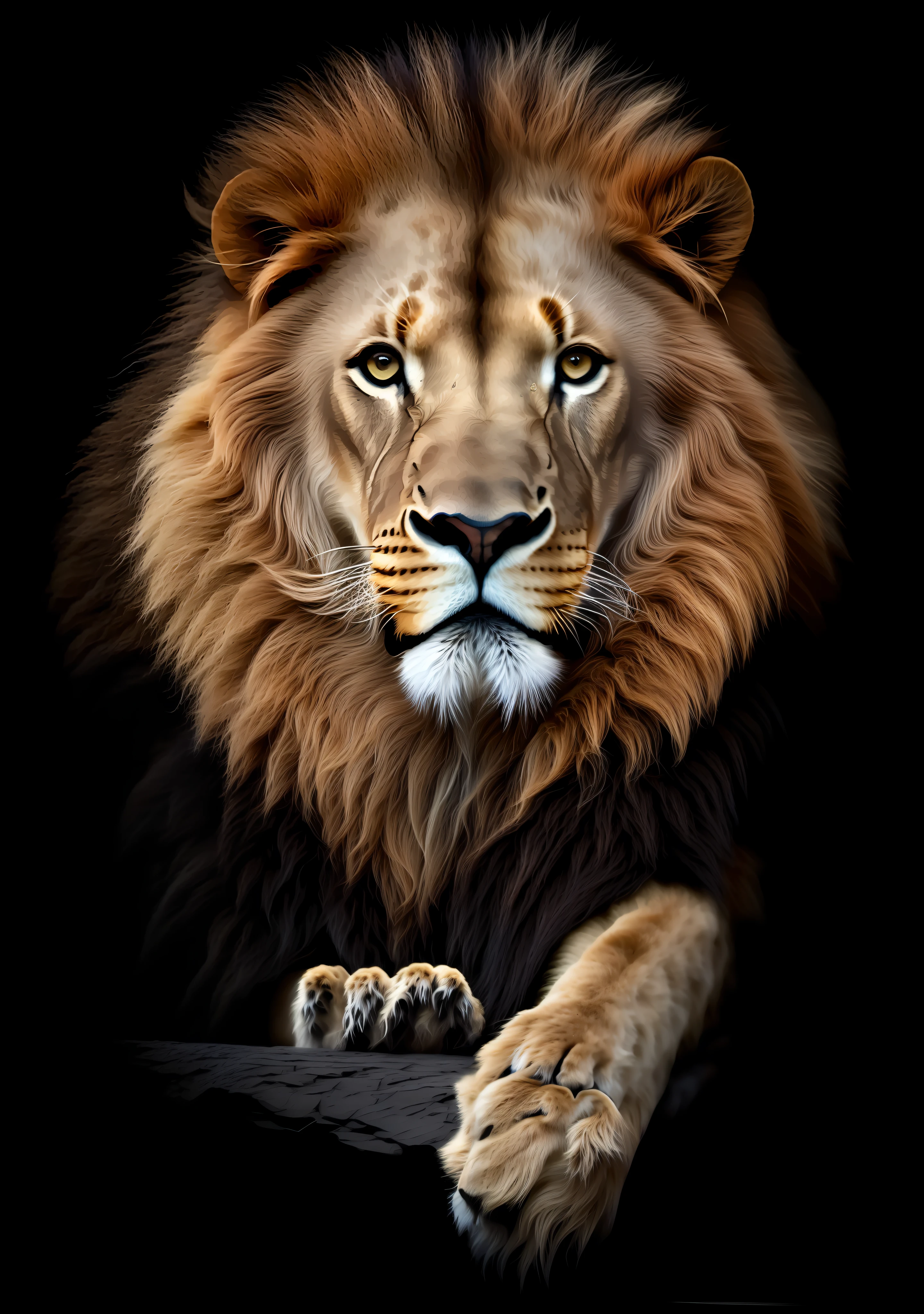 a close up of a lion laying down on a black surface, fierce expression 4k, king of the jungle, half lion, aggressive look, with the mane of a lion, prideful look, the mane of a lion, portrait of a lion, fierce expression, proud look, lion body, face of an lion, proud looking, lion, fierce - looking