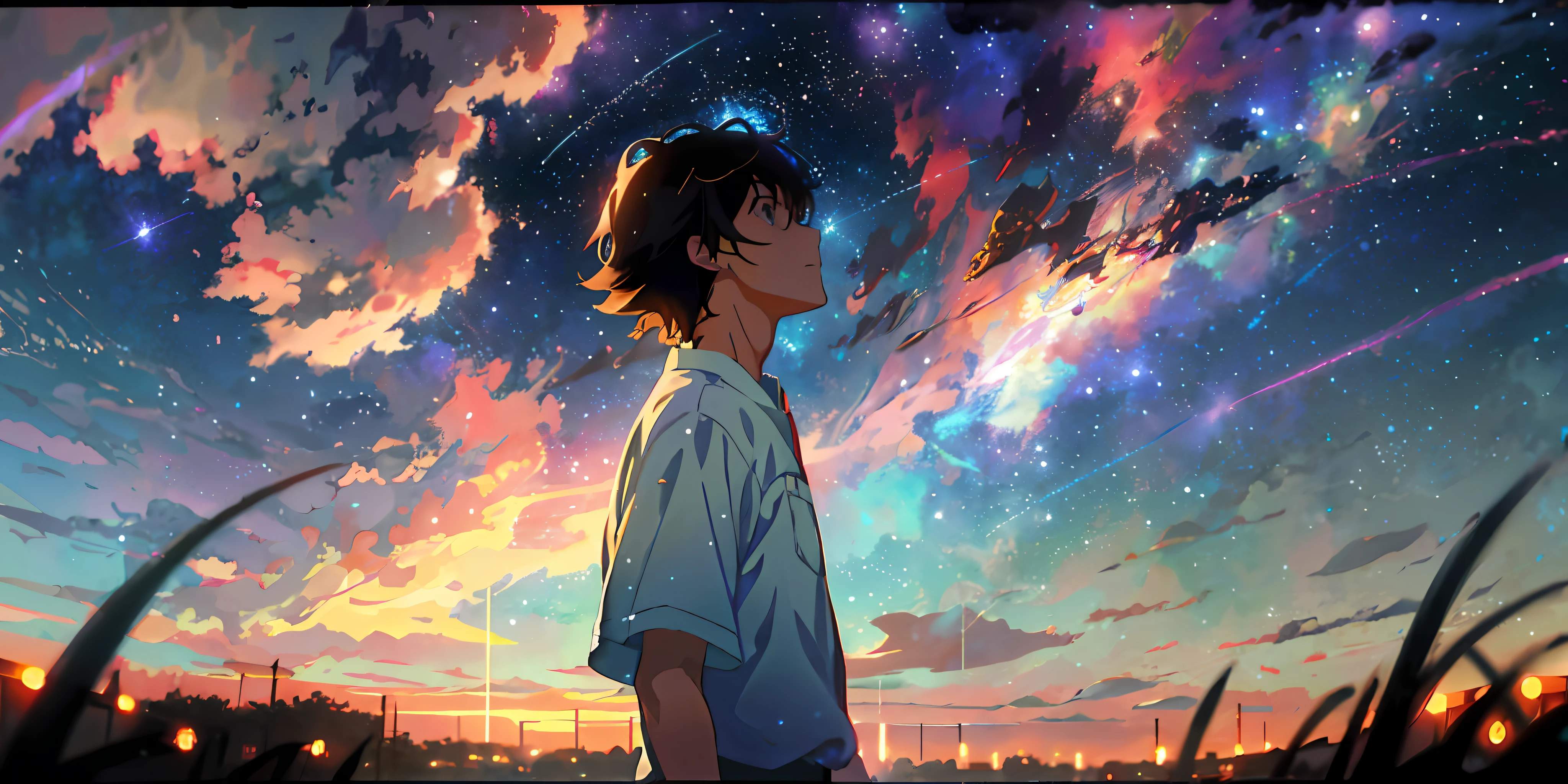 anime boy looking at the stars in the sky, makoto shinkai cyril rolando, your name movie style, your name, cosmic skies. by makoto shinkai, anime wallpaper 4 k, anime wallpaper 4k, anime art wallpaper 8 k, anime art wallpaper 4 k, anime art wallpaper 4k, makoto shinkai!, 4k anime wallpaper