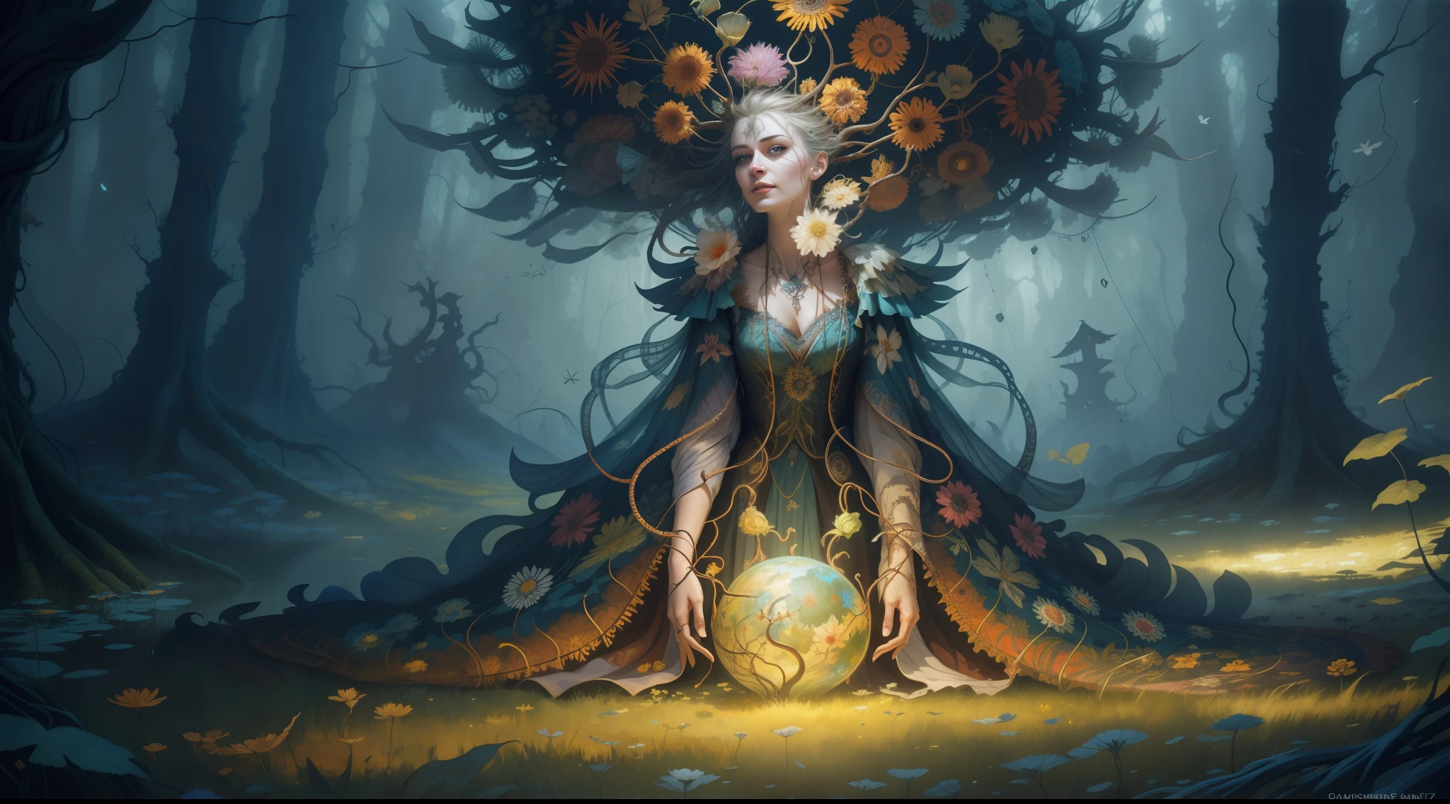 horror art, fear, unified 8k wallpaper, super detailed, beauty and aesthetics, masterpiece, best quality, (zentangle, mandala, tangles, entanglements), 1girl, (shimmering tulle earth tones intricate flower woven robes: 1.2), deep and rich black shadows, (up close from the side: 1.1), Mother Earth, smiling, enchanting whimsical fantasy forest background, happiness, enchanting atmosphere, very detailed, dynamic angle, cowboyshot, the most beautiful chaotic forms, elegance, fauvist design, bright colors, romanticism, by James Jean, Robbie Devi Antonio, Ross Tran, Francis Bacon, Michal Mraz, Adrian Gaini, Petra Koreit, Gerhard Richter, Takashi Yamamoto, Ashley Wood, Atmospheric