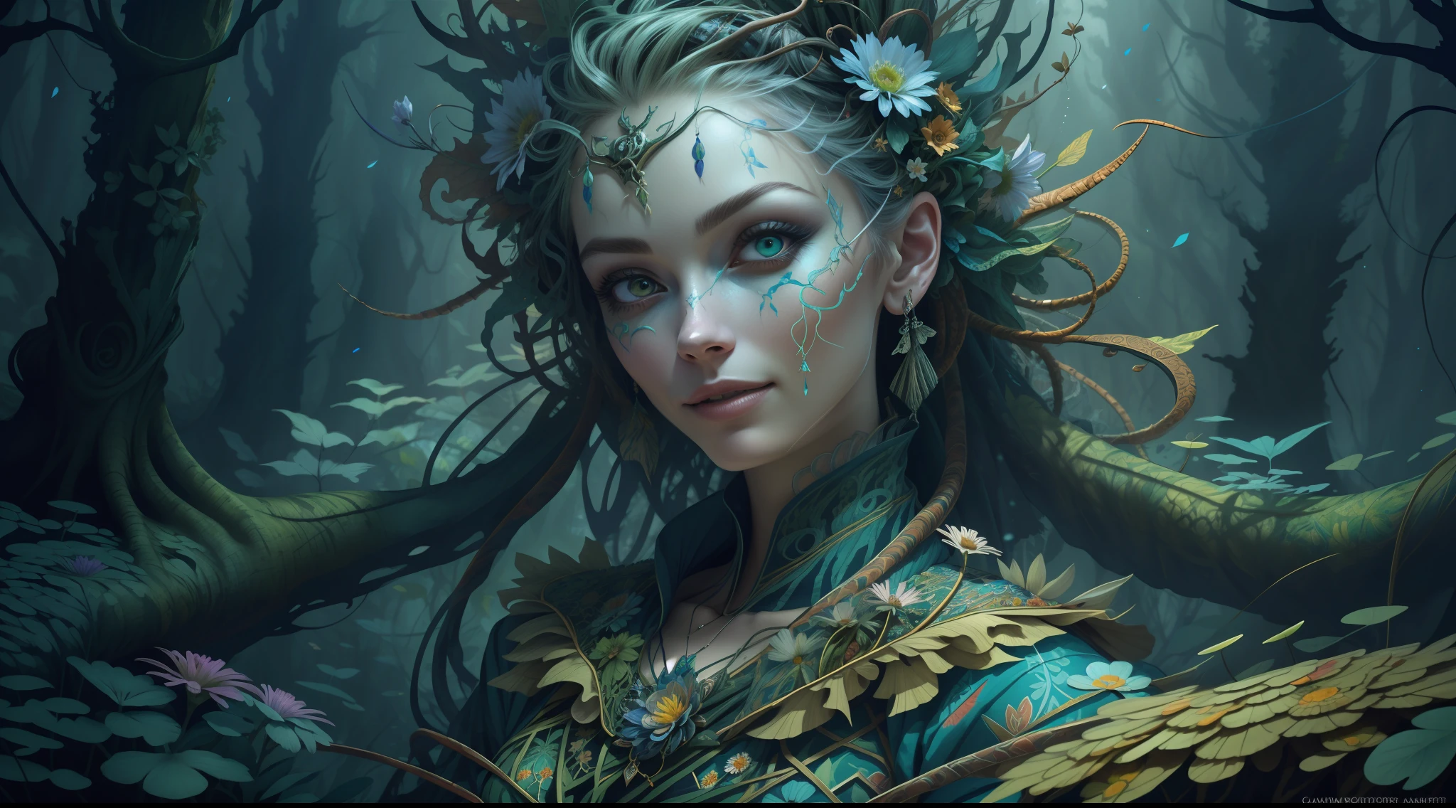 horror art, fear, unified 8k wallpaper, super detailed, beauty and aesthetics, masterpiece, best quality, (zentangle, mandala, tangles, entanglements), 1girl, (shimmering tulle earth tones intricate flower woven robes: 1.2), deep and rich black shadows, (up close from the side: 1.1), Mother Earth, smiling, enchanting whimsical fantasy forest background, happiness, enchanting atmosphere, very detailed, dynamic angle, cowboyshot, the most beautiful chaotic forms, elegance, fauvist design, bright colors, romanticism, by James Jean, Robbie Devi Antonio, Ross Tran, Francis Bacon, Michal Mraz, Adrian Gaini, Petra Koreit, Gerhard Richter, Takashi Yamamoto, Ashley Wood, Atmospheric