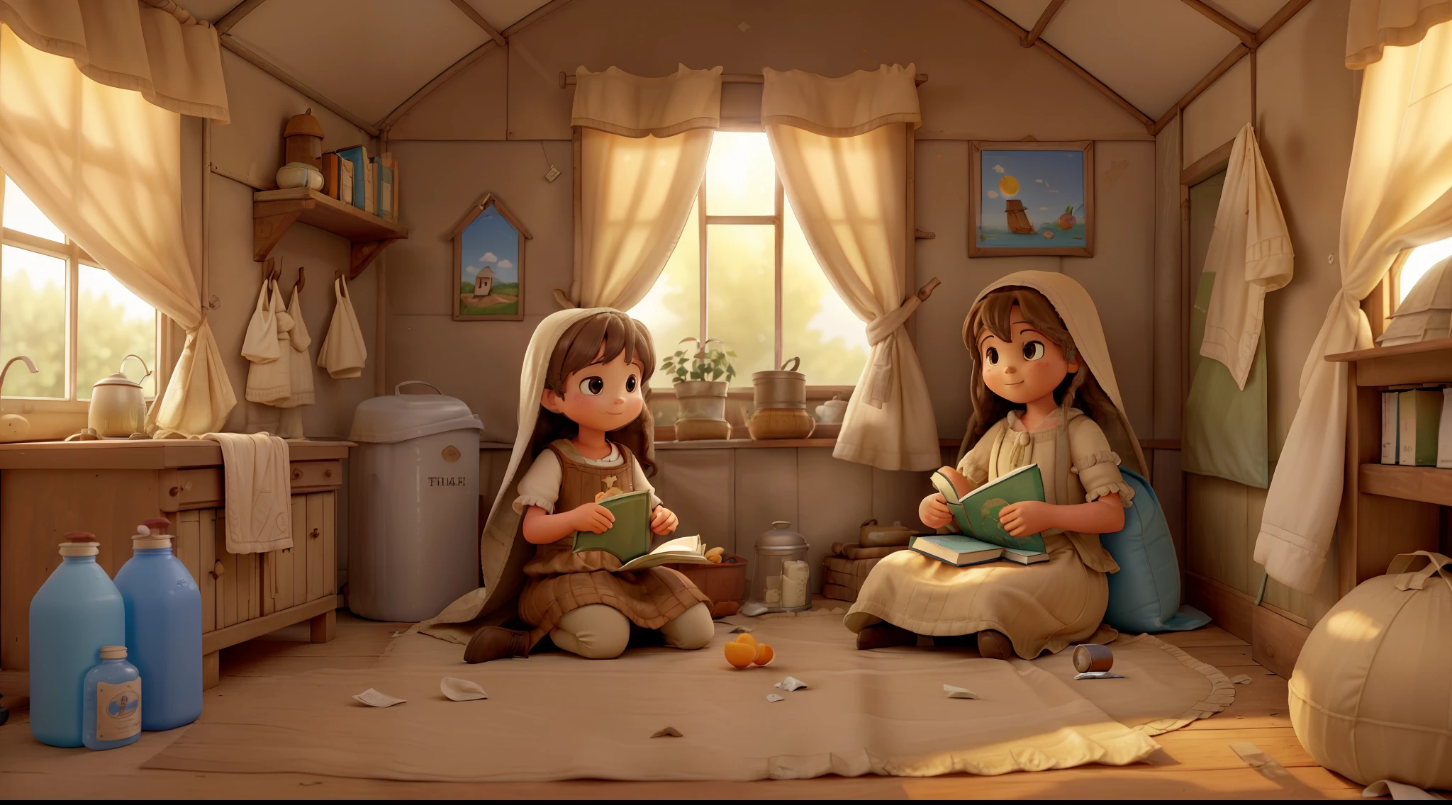 Illustrious The old mother Mary and her daughter Anne of only three years of age, ((sitting in)) their ((small)) tent, garbage bags around, faith and hope, (((simple)) house, warm sunlight coming through the tent, one of them holding a book, another peeling a fruit, ((composition: warm colors + contrast: high + saturation: high:1.2 + sharpness: high + texture:  roughness)), ((light: natural and warm + shade: soft and soft)). [Embed tag: garbage camp + survival].
