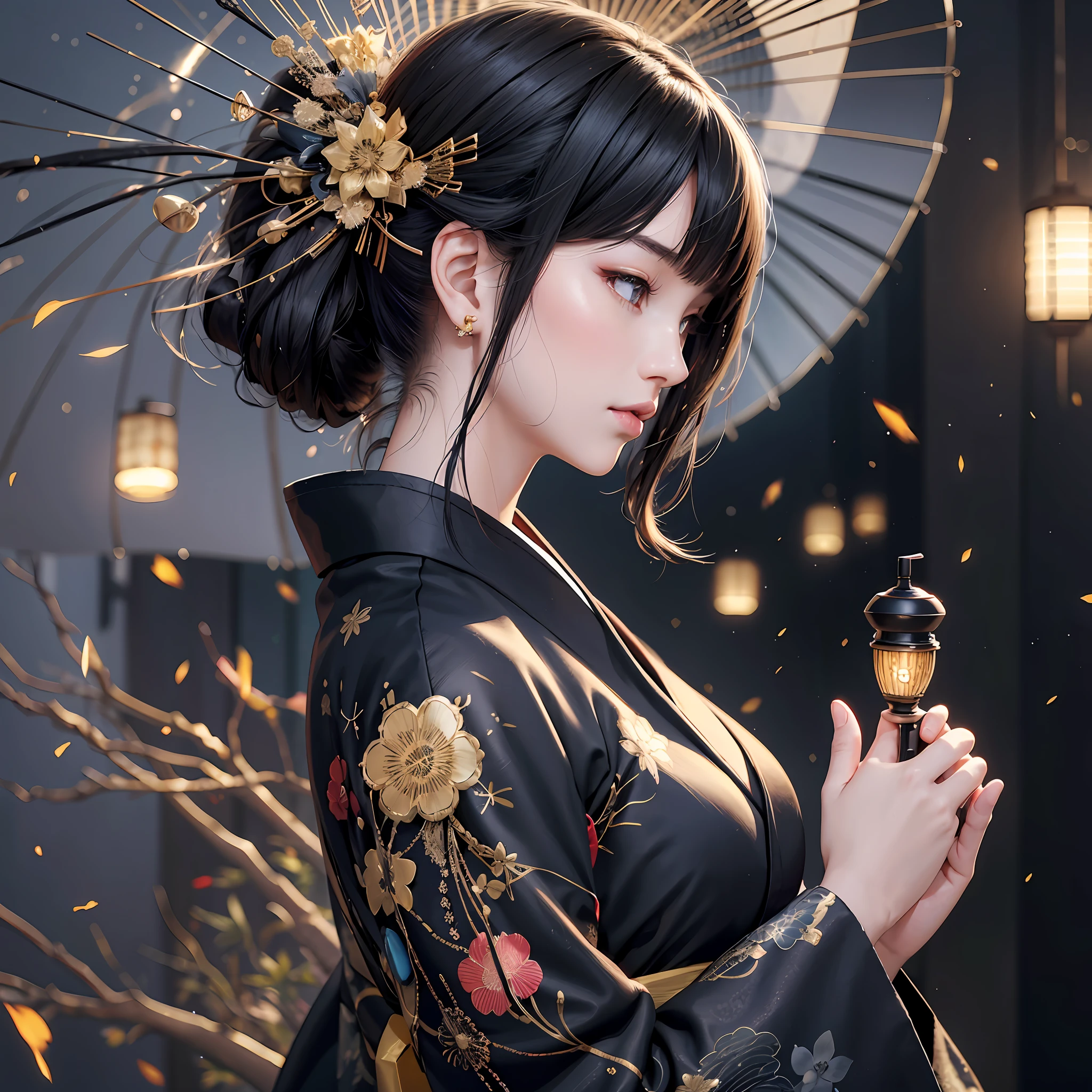 Japan, beauty, black kimono, japanese style, black hair, earring, realistic, 8K high resolution, super detail, high quality texture, intricate detail, very detailed CG, high quality shadow, detail beautiful delicate face, ray tracing, sideways, upper body only, profile, looking far away, fireflies flying background, hazy background --auto --s2