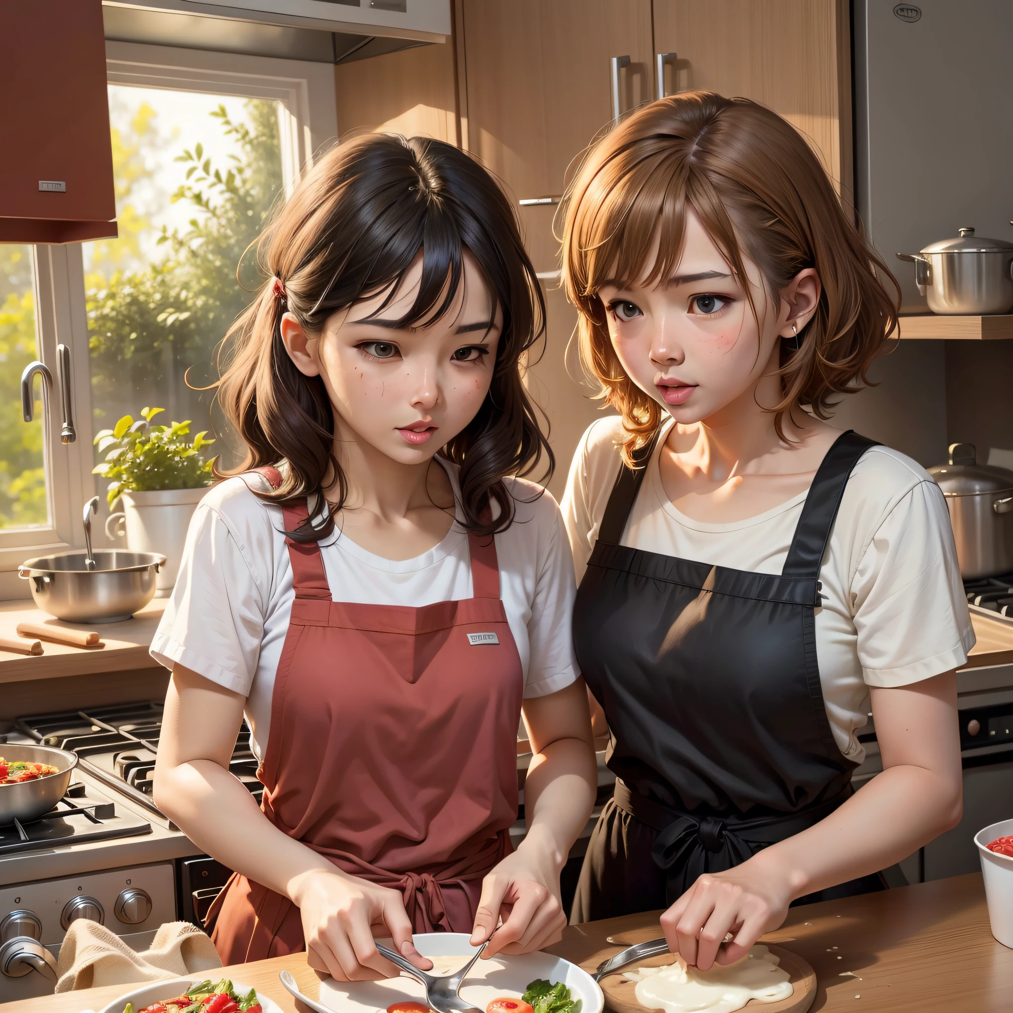 girl cooking with Mother during the year various foods --auto --s2