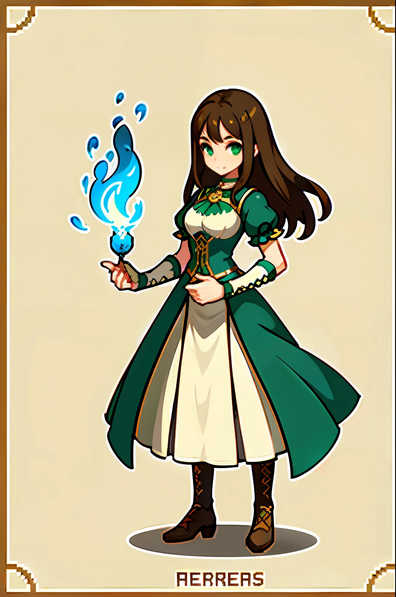 (masterpiece, top quality, best quality), pixel, pixel art, a woman with brown hair and green eyes, full body, brown hair, sorceress's green clothes, medieval sorceress clothes, dnd rpg, magic