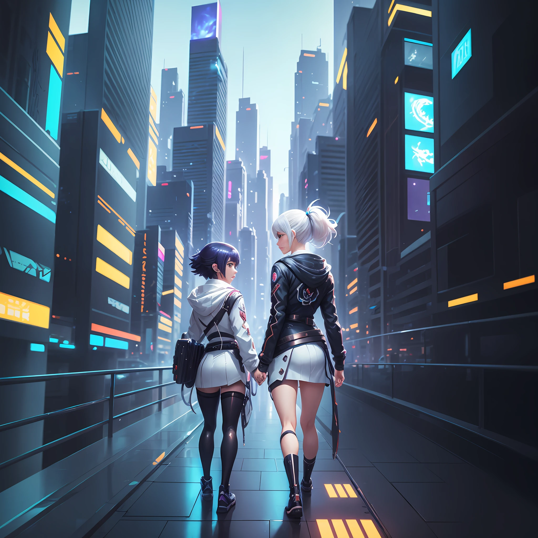 Walking in the bright sci-fi city, white-haired and waist-clad blonde girls, dragon and phoenix phantoms emerging behind them, close-up perspective, concept art Makoto Shinkai, pixiv winner, romanticism, Makoto Shinkai Cyril Rolando, love concept art, ros trance, landscape background, Ross Tran and Makoto Shinkai, Ross Tran and Ilya Kuvshinov, Loish and Ross Tran. --auto --s2