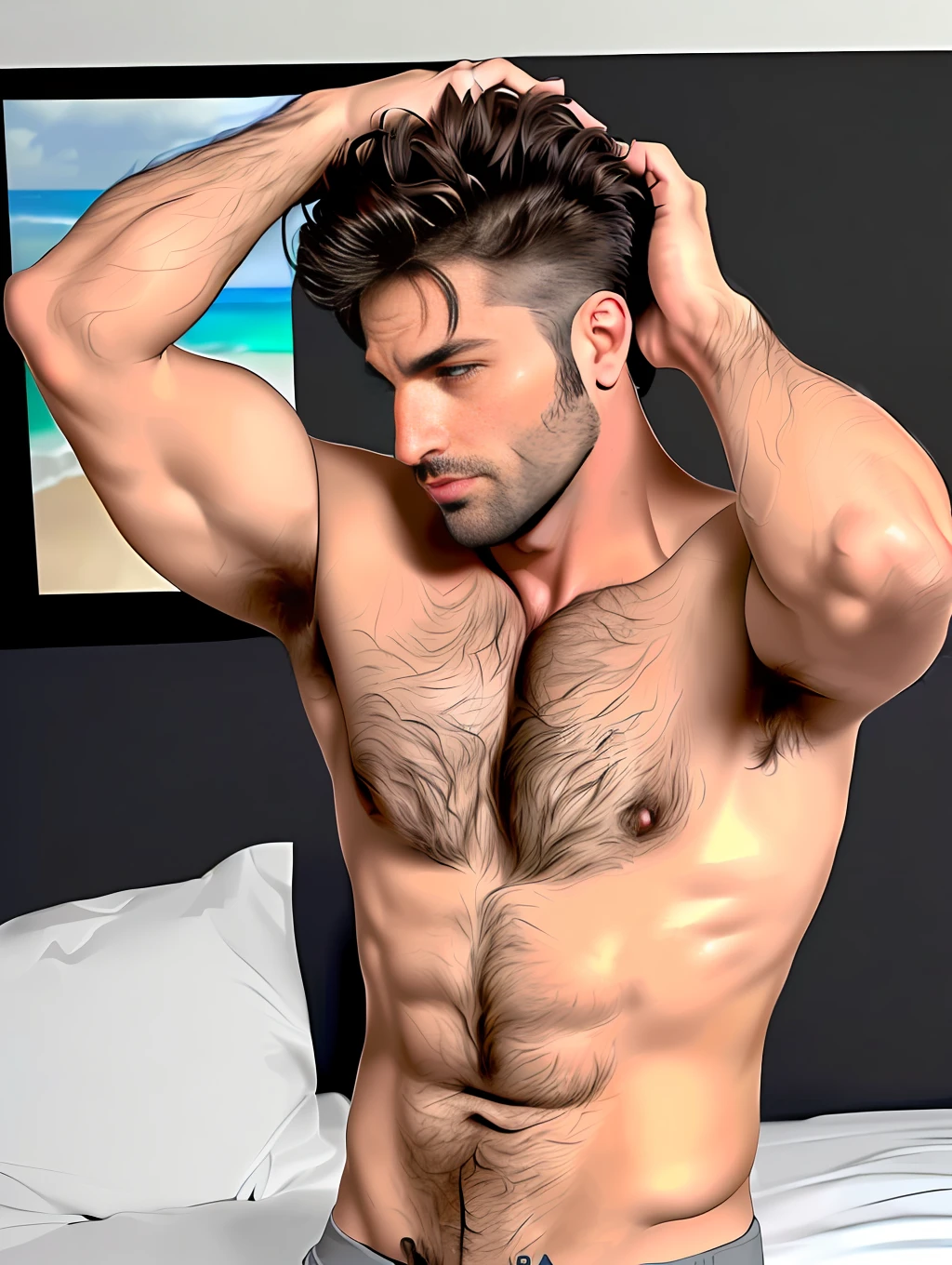 masterpiece, best quality, realistic, ultra detailed, sfw, 1 man, short messy hair, handsome man, hairy man, an attractive 40 year old fit tanned man lying in bed using cellphone video call, looking at cellphone screen, ((sweat)), topless, wearing tight underwear, big bulge, (((vpl))), full body shot, side view, hary man