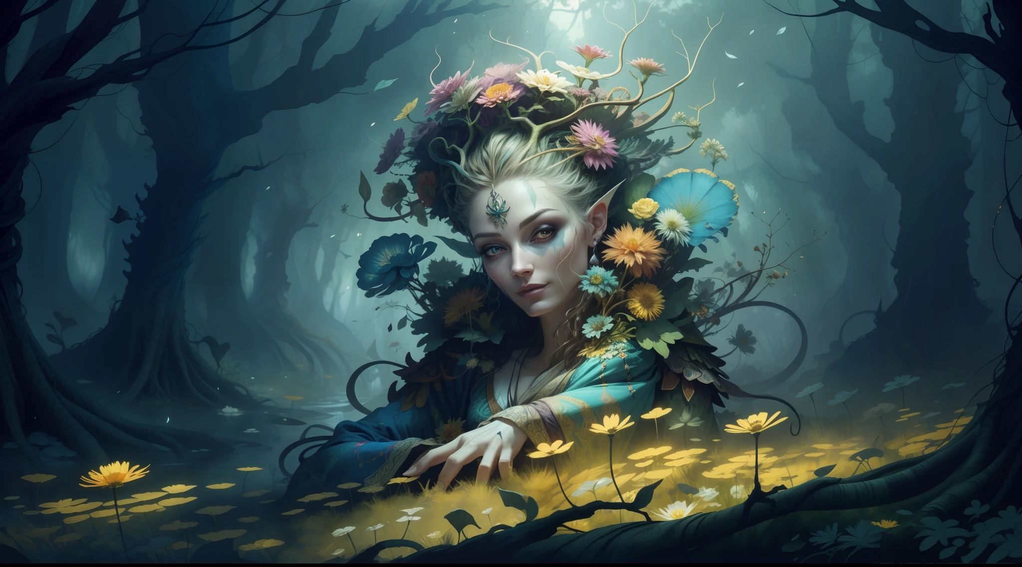 horror art, fear, unified 8k wallpaper, super detailed, beauty and aesthetics, masterpiece, best quality, (zentangle, mandala, tangles, entanglements), 1girl, (shimmering tulle earth tones intricate flower woven robes: 1.2), deep and rich black shadows, (up close from the side: 1.1), Mother Earth, smiling, enchanting whimsical fantasy forest background, happiness, enchanting atmosphere, very detailed, dynamic angle, cowboyshot, the most beautiful chaotic forms, elegance, fauvist design, bright colors, romanticism, by James Jean, Robbie Devi Antonio, Ross Tran, Francis Bacon, Michal Mraz, Adrian Gaini, Petra Koreit, Gerhard Richter, Takashi Yamamoto, Ashley Wood, Atmospheric