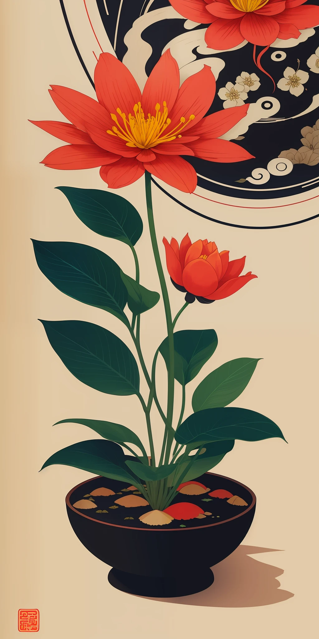 (masterpiece, best quality: 1.2), shukizuma, negative space, shuimobysim, ink painting, colorful colors, traditional Chinese, flowers and leaves, cotyledons, peaceful, (smile), looking at the viewer, color saturation, bright colors, neon