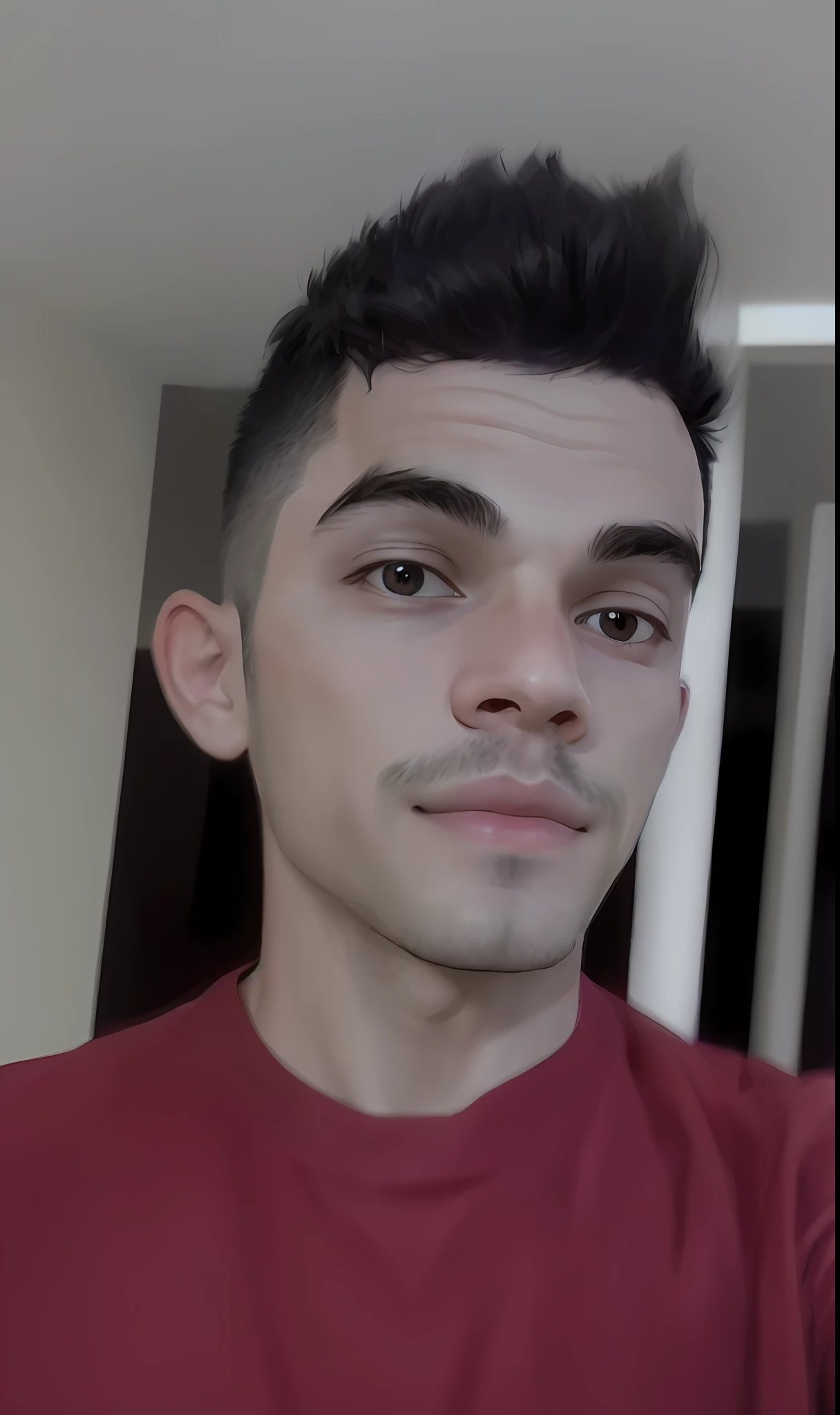 Man with purple and white guitar shirt and black haircut, precise face, clean ras face, detailed blurred face, selfie photography, no mustache, no beard, about 24 years old, front photo, cheerful wide face and discreet smile, no beard, face photo, no beard and mustache, with Instagram filters, with facial features