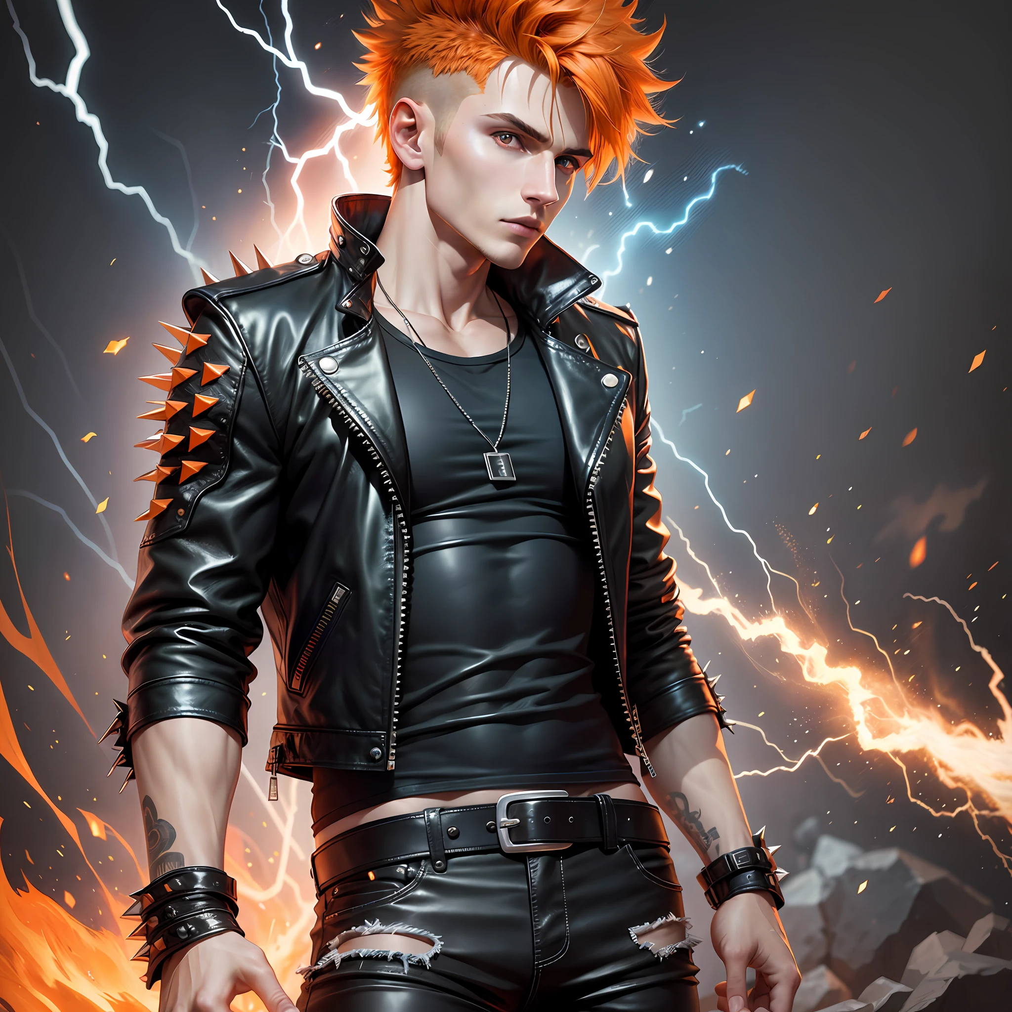 High Quality ultra realistic image of a single man.  Medium shot.  Leather jacket.  No Shirt.  Black Jeans.  Biker boots.  White skin.  Short and spiky hair.  Black and Orange hair.  Bright orange eyes.  Background of flames, ice and lightning.