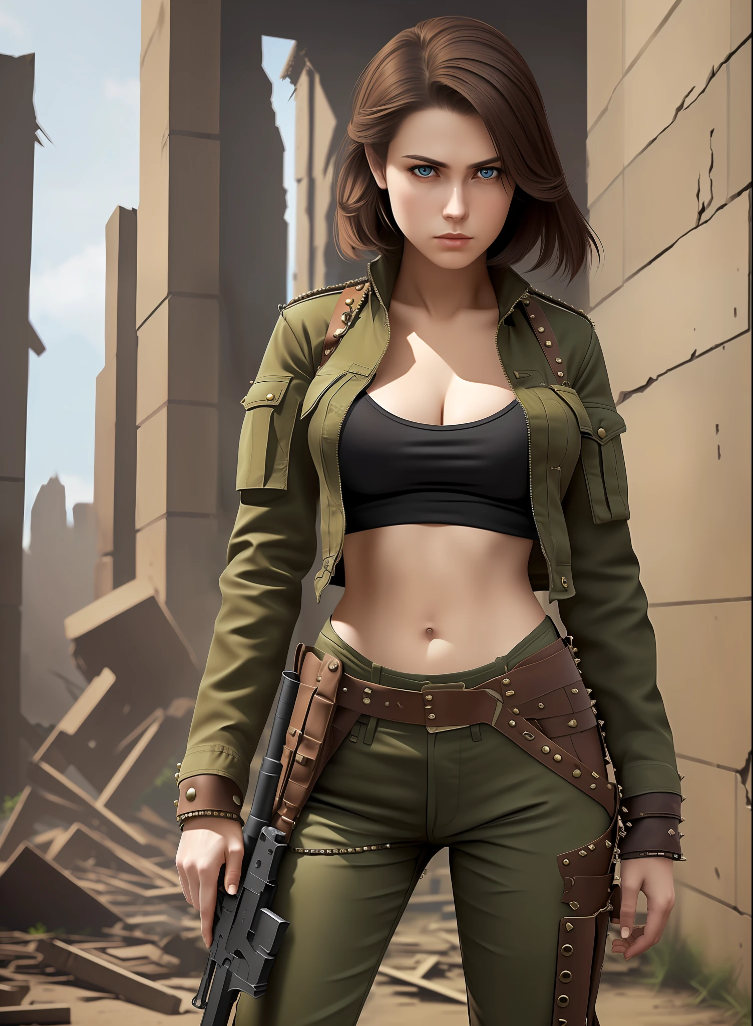 Medium-chested woman, trousers, rivets, holsters, large gun, in ruins