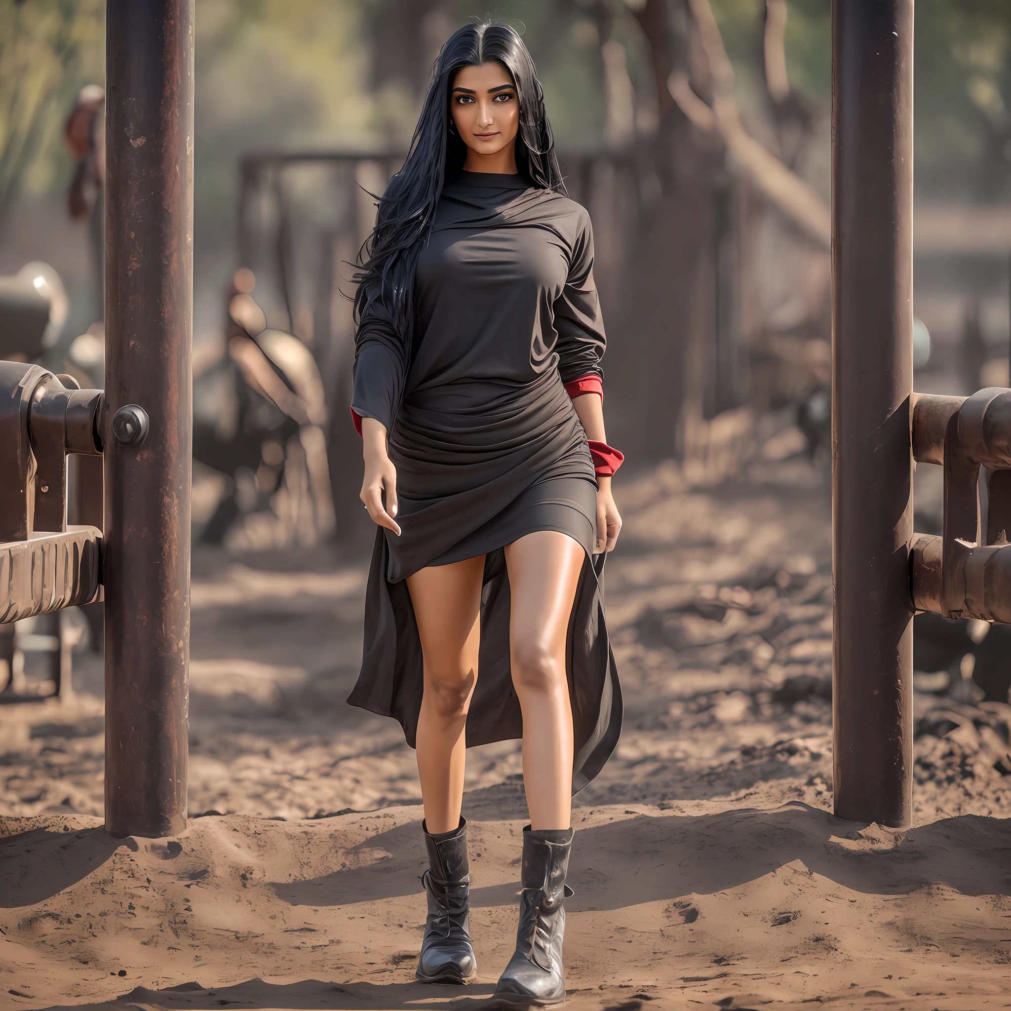 The highest quality, full body details, golden ratio, rags, masterpiece, RAW photo (long black hair) (20 year old woman, small, large breasts on display, sonam kapoor, wet, head held high, feet clean, details on the toes), obsessed with details on the feet On, (wearing a tight shirt), (standing on a playground), full body, perfect face, amazing eyes, vivid details, (skin with lots of details), wide breasts, deep neckline, sfw, (red: 0.6) , (dirty: 0.8), (blood: 0.7), aurora, (backlight: 0.5), depth of field, Canon 5D, 50mm lens, f/4 aperture, (super detail, licate detail), sharp focus, soft colors, 8k, conscious, 8mm film grain, war photography --auto --s2