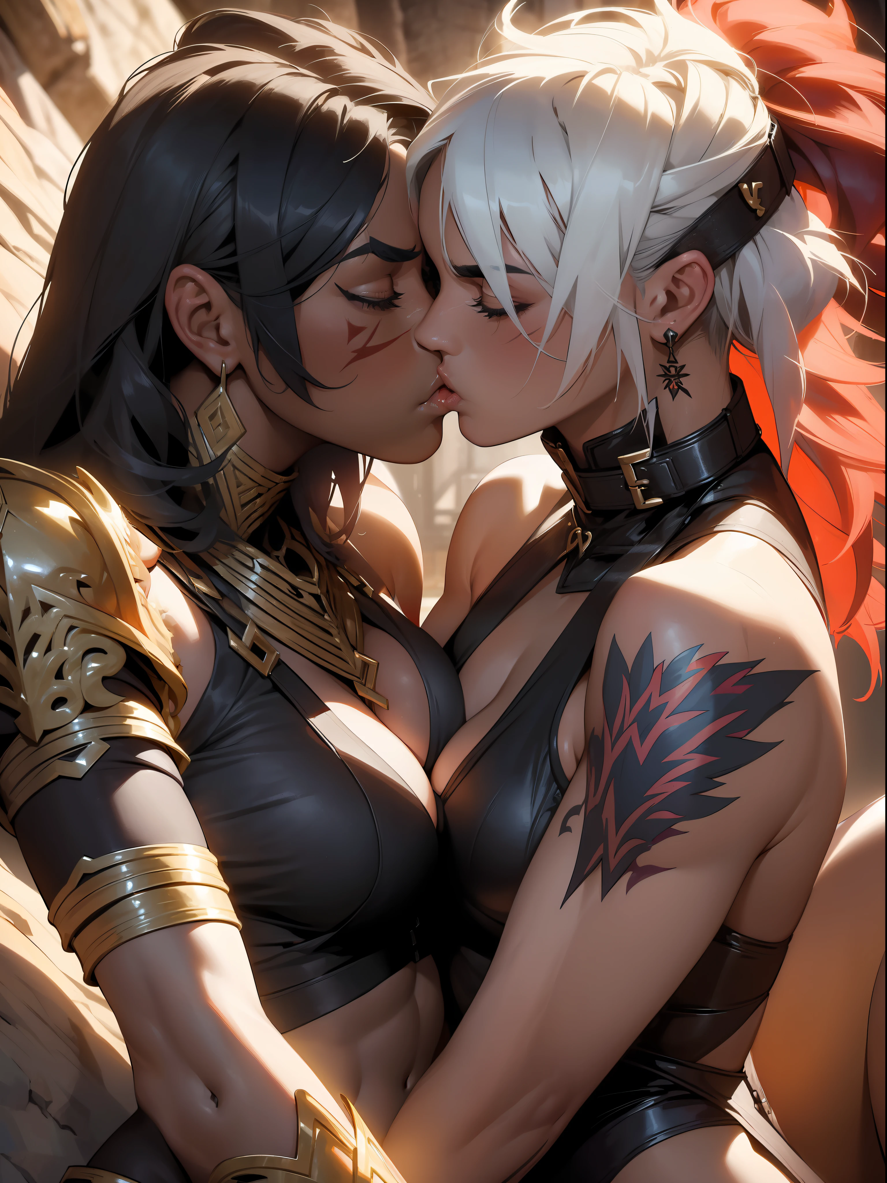 Two (((((women))), (((lesbians))))), 2 barbarian warriors kissing madly, 2 beautiful full-body women, 30 years old, muscular and perfect bodies, with little clothes, tiny thong, caressing each other, super sensual scene, ((((kiss))), (((fiery kiss)))), sexy, sexy pose, very sexy, sexy for, pulling hair