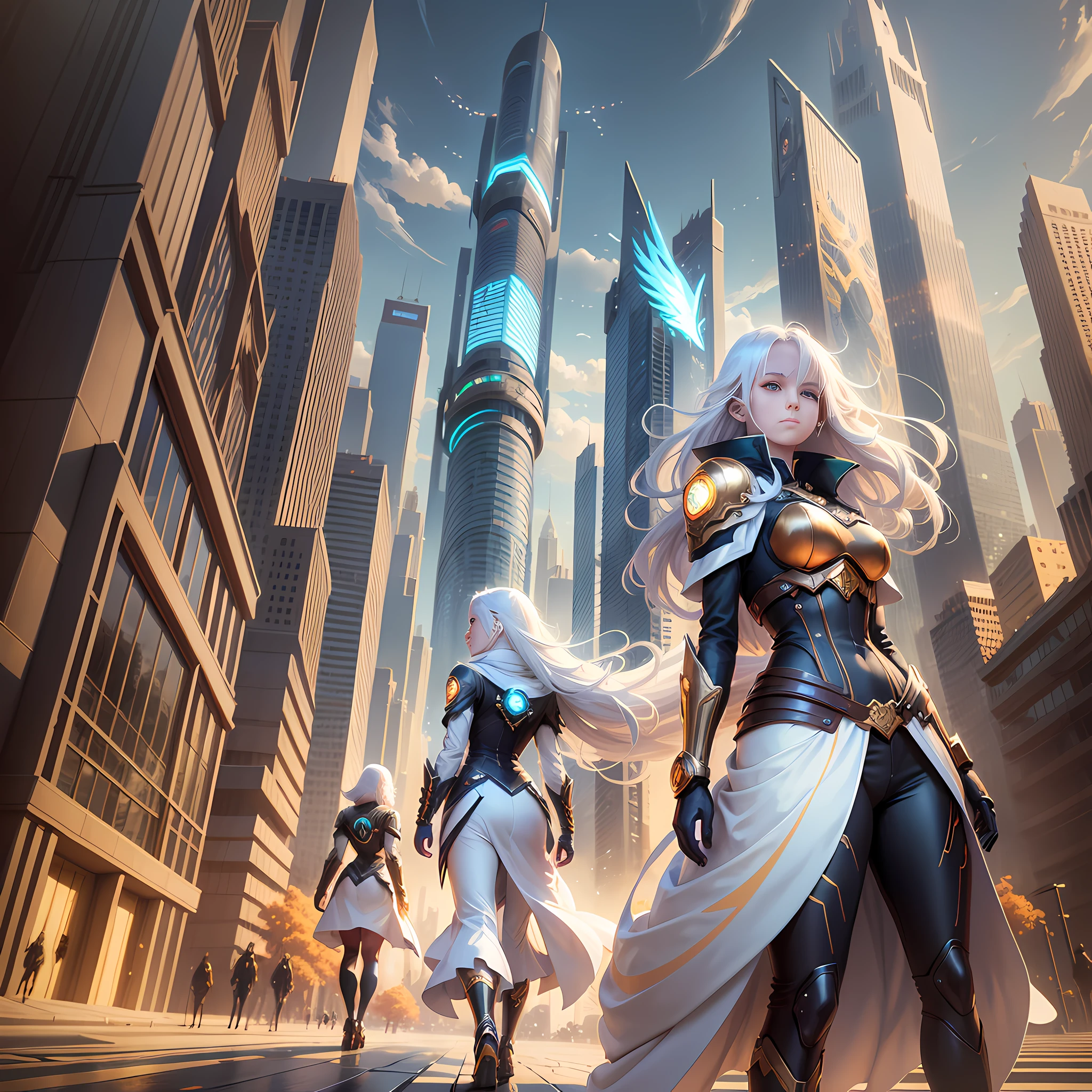 Walking in the bright sci-fi city, white-haired and waist-clad golden-eyed girl, dragon and phoenix phantoms emerging behind them, close-up perspective, romanticism, Makoto Shinkai Cyril Rolando, love concept art, ros trance.landscape background,