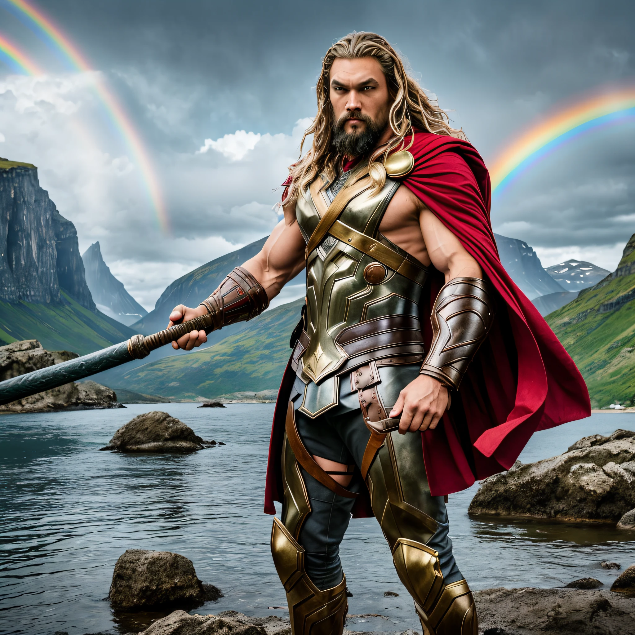 /imagine prompt: color photo of Jason Momoa as Thor,
with long blonde hair and beard,
holding Mjolnir and wearing his red cape,
standing on a rainbow bridge with Asgard in the background,
giving off a powerful and godly vibe,
taken with a Hasselblad H6D-400c camera,
using a Carl Zeiss Planar 80mm f/2.8 lens,
with a custom color grading to enhance the fantastical feel,
directed by Kenneth Branagh,
shot by Haris Zambarloukos,
styled by Louis Vuitton,
and photographed in Norway —c 10 —ar 2:3 --auto --s2