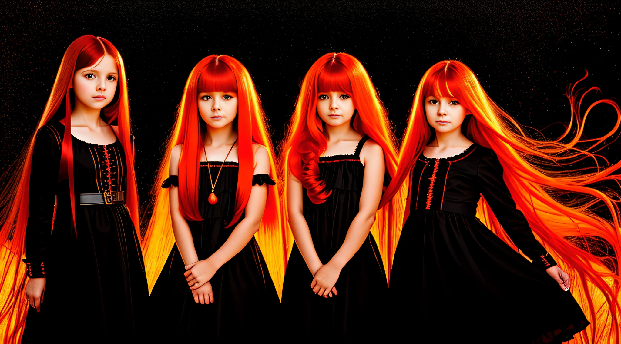 3 girls Russian children with 10 years old, WITH LONG STRAIGHT HAIR, PORTRAIT STYLE, with bright red hair and a black dress, flowing backlit hair, flaming hair, infrared hair, made in maya and photoshop, glamour color portrait, maya, fire hair, flowing orange hair, fractal hair, flowing psychedelic hair, fashion color studio lighting, advertising photography, flowing hair, leeloo, beautiful long fire hair, electrified hair