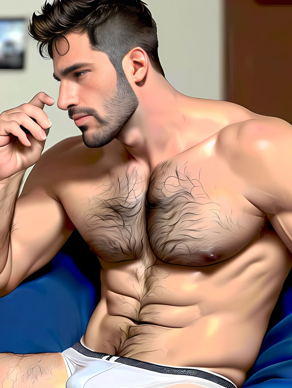 masterpiece, best quality, realistic, ultra detailed, sfw, 1 man, short messy hair, handsome man, hairy man, big hands, big lips, big greek nose, an attractive 50 years old fit tanned man lying in bed using cellphone video call, looking at cellphone screen, ((sweat)), topless, wearing tight underwear, big bulge, (((vpl))), full body shot, side view, hary man