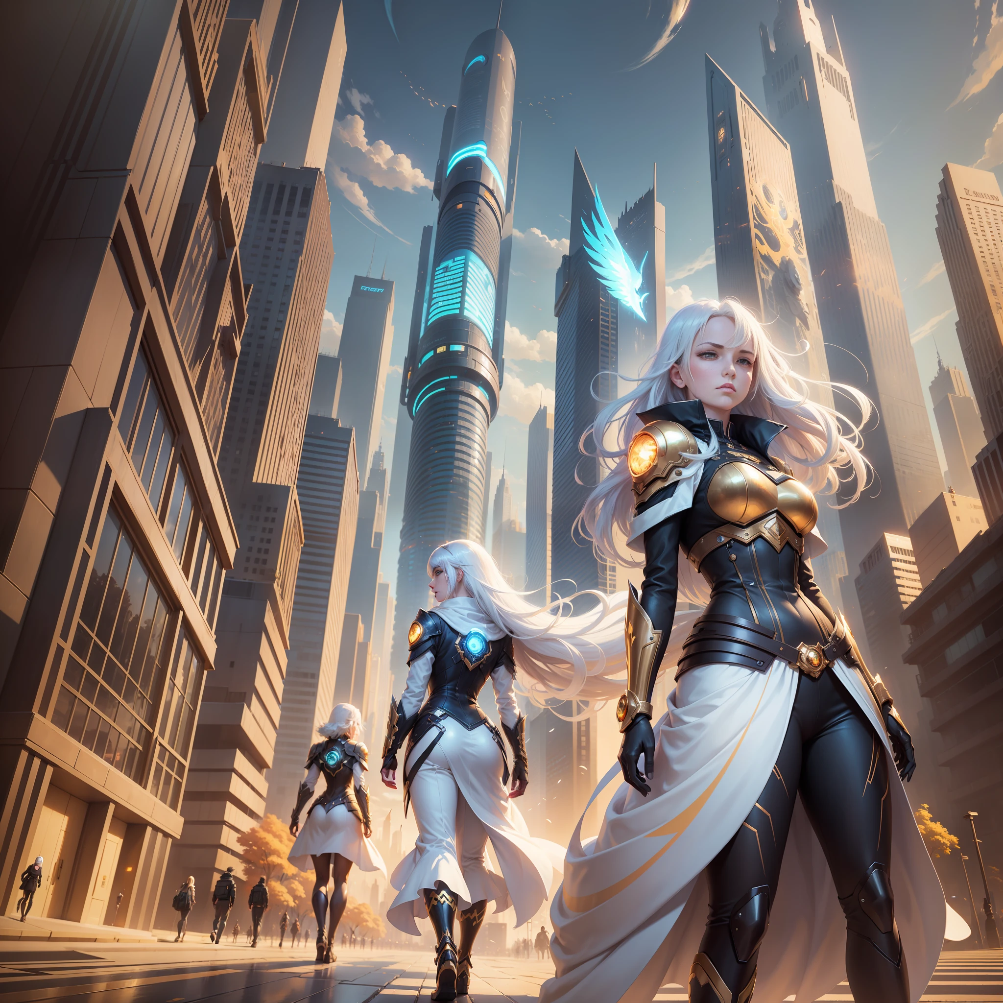Walking in the bright sci-fi city, white-haired and waist-clad golden-eyed girl, dragon and phoenix phantoms emerging behind them, close-up perspective, romanticism, Makoto Shinkai Cyril Rolando, love concept art, ros trance.landscape background,