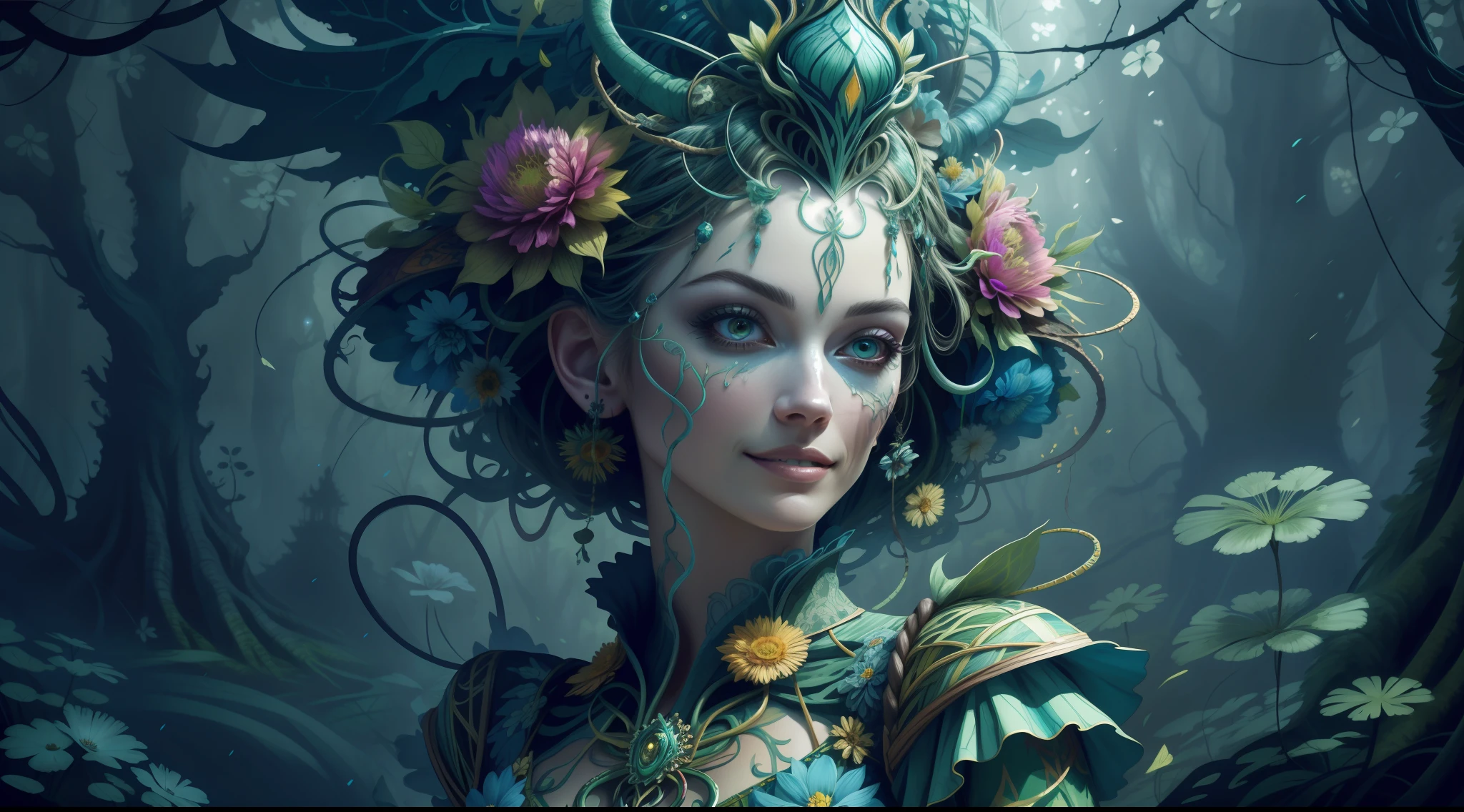 horror art, fear, unified 8k wallpaper, super detailed, beautiful and aesthetic, masterpiece, best quality, (zentangle, mandala, tangled, entangled), 1girl, full body portrait, (shimmering tulle earth tones intricate flower woven robes: 1.2), deep and rich black shadows, (up close from the side: 1.1), Mother Earth, smiling, enchanting whimsical fantasy forest background, happiness, enchanting atmosphere, very detailed, dynamic angle, cowboyshot, the most beautiful chaotic forms, elegance, fauvist design, bright colors, romanticism, by James Jean, Robbie Devi Antonio, Ross Tran, Francis Bacon, Michal Mraz, Adrian Gaini, Petra Koreit, Gerhard Richter, Takashi Yamamoto, Ashley Wood, Atmospheric