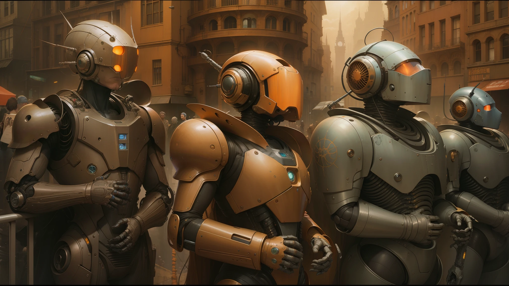 there are many robots standing in a row in a city, peter gric and dan mumford, beksiński and james jean, michael whelan and pixar, justin gerard and greg rutkowski, style of daniel merriam, andreas rocha and john howe, weta studio and james jean, larry macdougall --auto --s2
