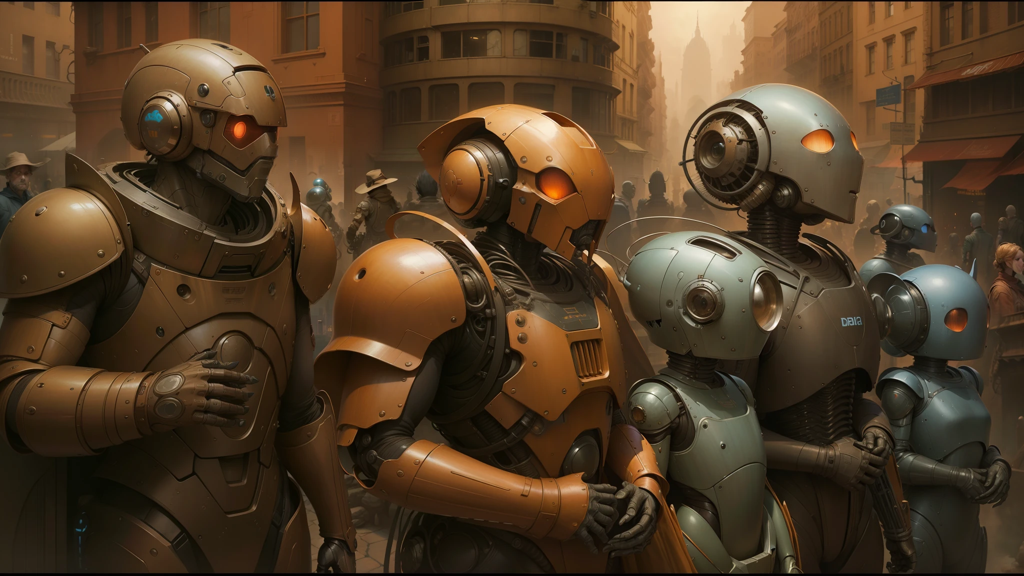 there are many robots standing in a row in a city, peter gric and dan mumford, beksiński and james jean, michael whelan and pixar, justin gerard and greg rutkowski, style of daniel merriam, andreas rocha and john howe, weta studio and james jean, larry macdougall --auto --s2