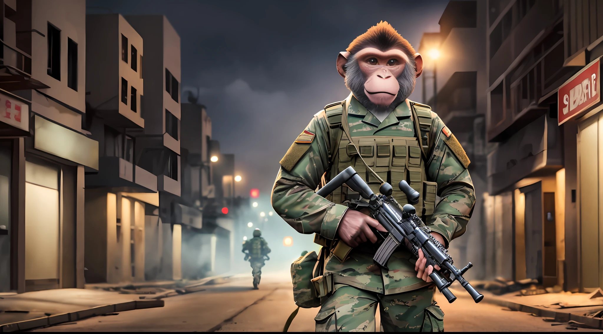 A military monkey with a machine gun walking down an abandoned street, front view, key lighting, soft lights, fog, render 8K, detailed, cute cartoon style --auto --s2