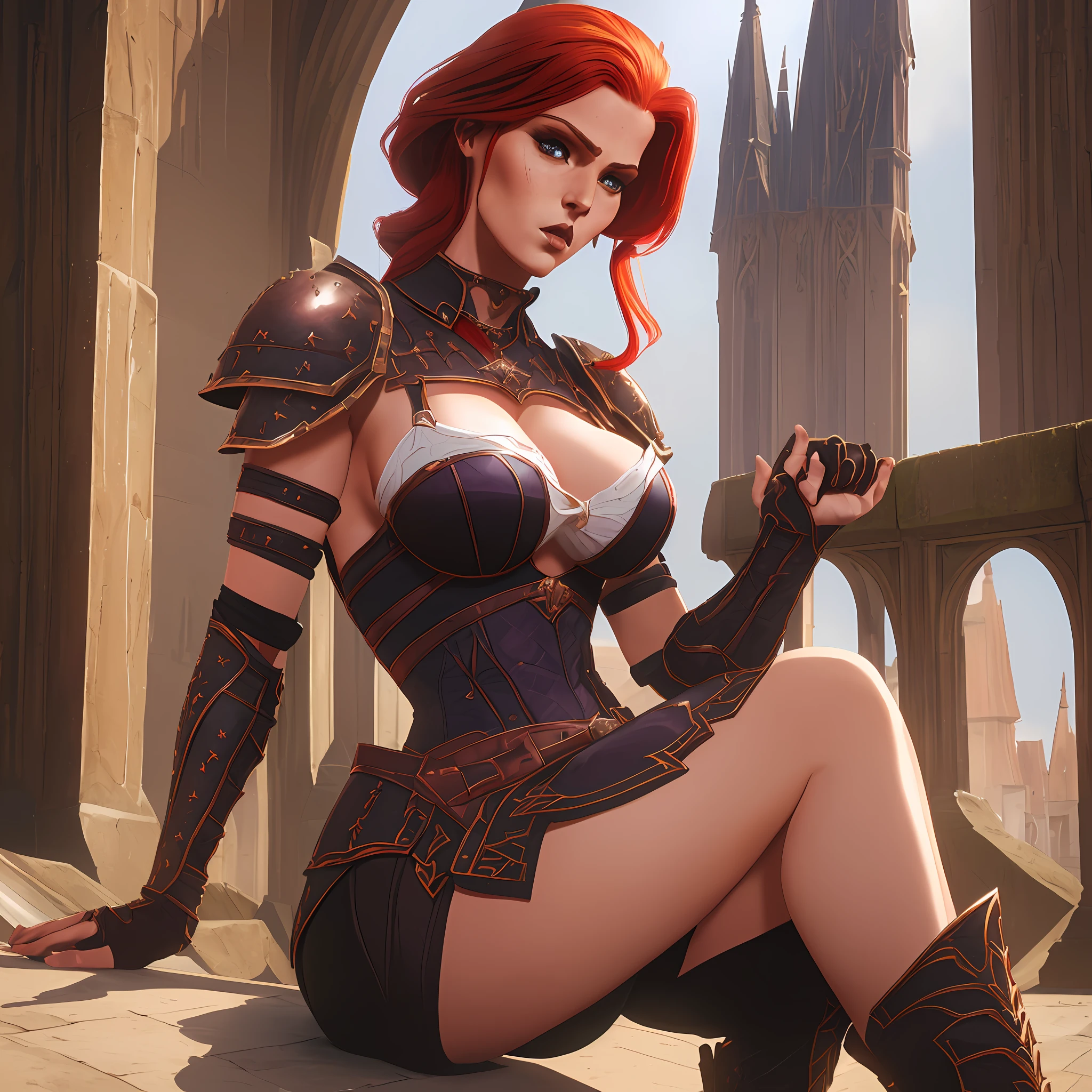 Tall Beautiful Woman ((Sexy)) ((Redhead)) (Armor) ((Sensual)) ((Sexy Pose)) Sample Breasts (((Thick Thighs)) (Sword) ((Diaba)) Tower((Gothic)) ((Well Detailed)) (((High Resolution)) ((High Quantity Image)) (Full HD)