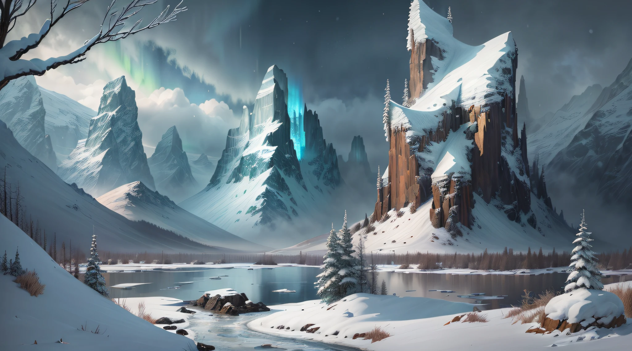 (highly detailed RAW color photo, masterpiece, ultra detailed), the cover features an icy and desolate landscape, with majestic snow-capped mountains in the background. In the foreground, we highlight the hardy and frozen vegetation, with twisted trees and snow-covered shrubs. The environment conveys a sense of loneliness and isolation, reinforcing the natural dangers faced by the characters, (aurora borealis:1.1), (fog: 1.7) (rain: 1.2) (snowing:1.3) (winter: 1.9) (masterpiece: 1.2) (illustration: 1.1) (best quality: 1.2) (detailed) (intricate) (8k) (HDR) (wallpaper:1.3) (cinematic lighting) (sharp focus) (photography, soft sky lighting, soft details, artstation trend, ultra high detail, ultra realistic, cinematic, 16k, digital art, Dungeon and Dragons-inspired art)