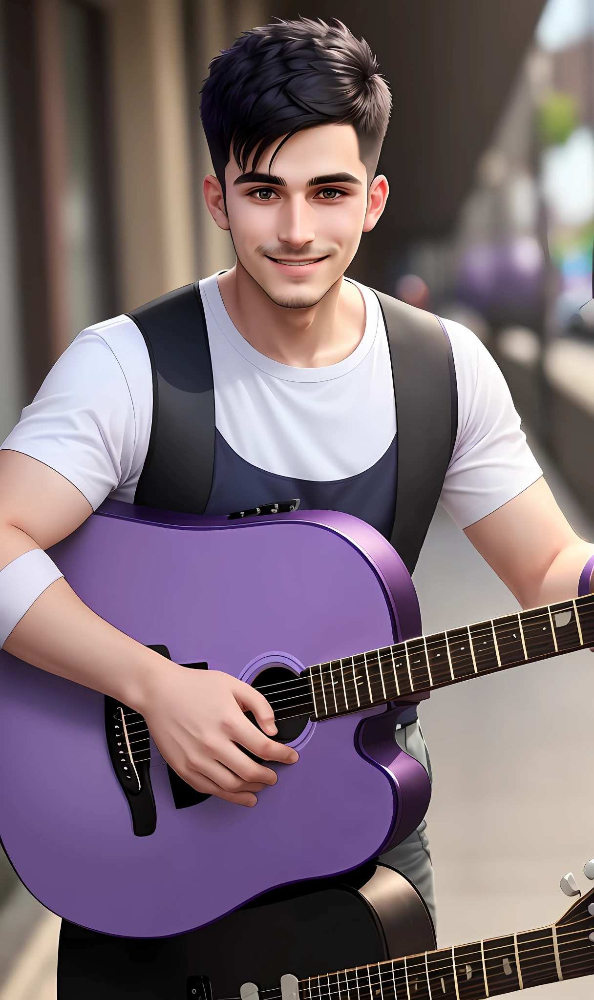 Man with purple and white guitar shirt and black haircut, precise face, clean ras face, detailed blurred face, selfie photography, no mustache, no beard, about 24 years old, front photo, cheerful wide face and discreet smile, no beard, face photo, no beard and mustache, with Instagram filters, with facial features
